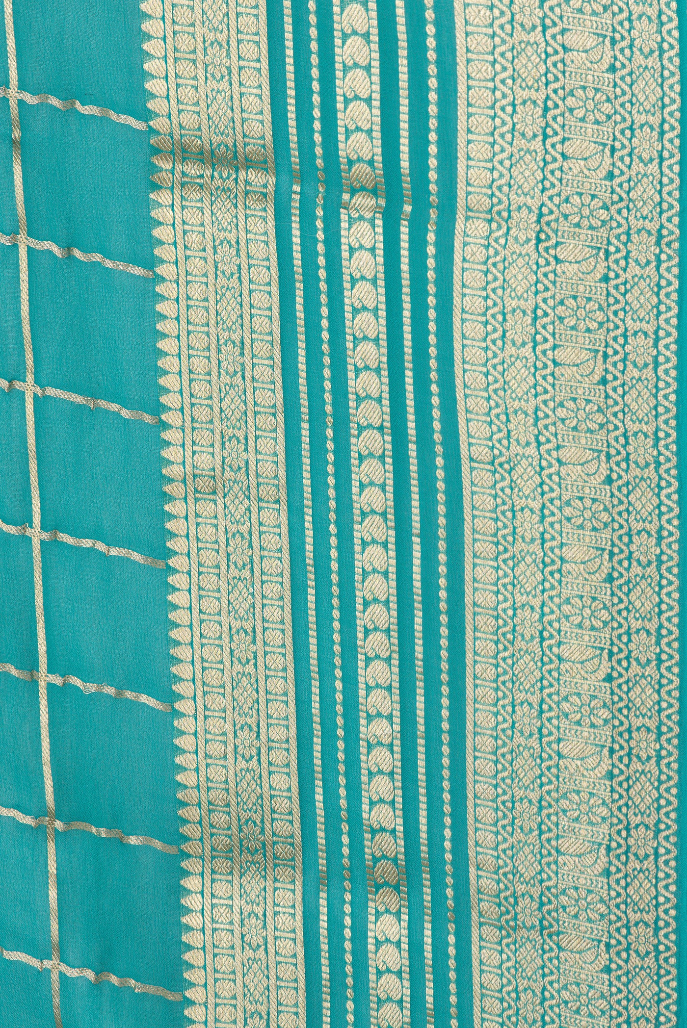Border image of Peacock Blue Dual Tone Mysore Georgette Saree with Checked design on the body and Zari Border. 
