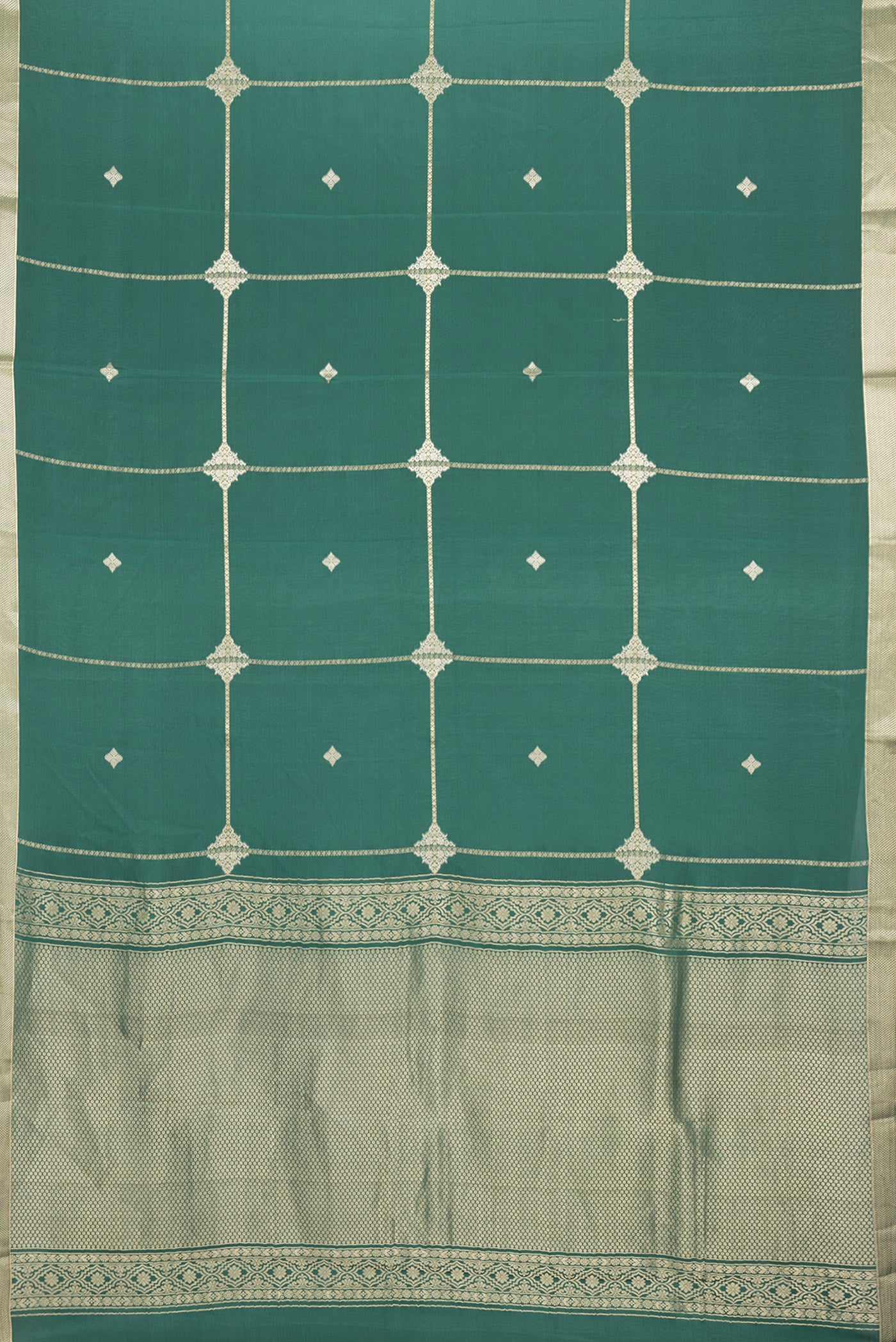 Flat view of Bottle Green Dual Tone Mysore Silk Saree with Zari Butta on the body and Zari Border. 