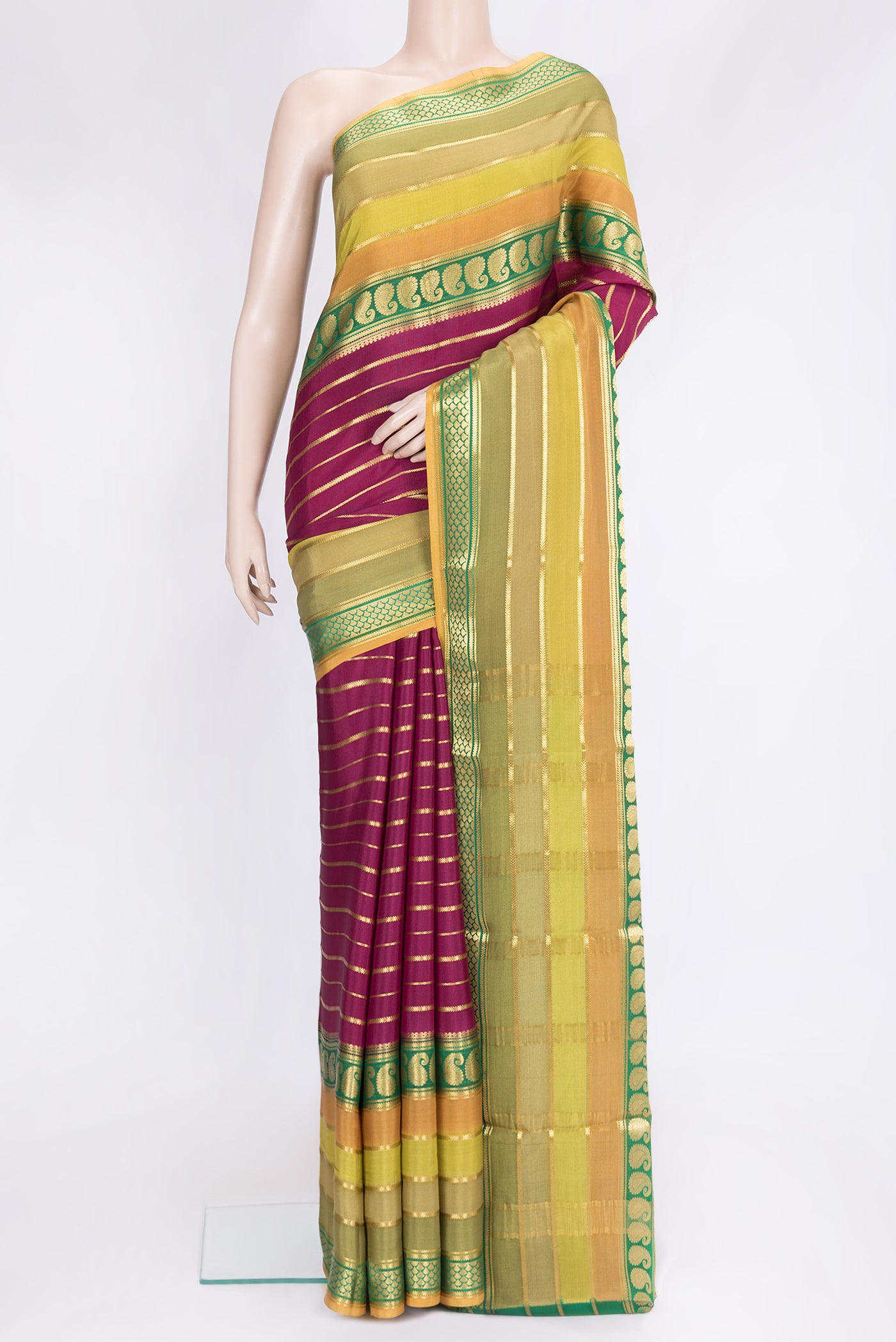 Magenta Dual Tone Mysore Silk Saree with Stripes on the body and Zari Border.  displayed on a mannequin