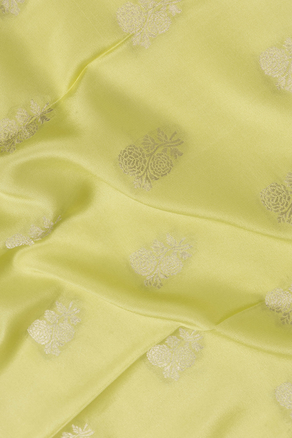 Close up of Pista Green Dual Tone Mysore Silk Saree with Zari Butta on the body and Zari Border.  displaying folds