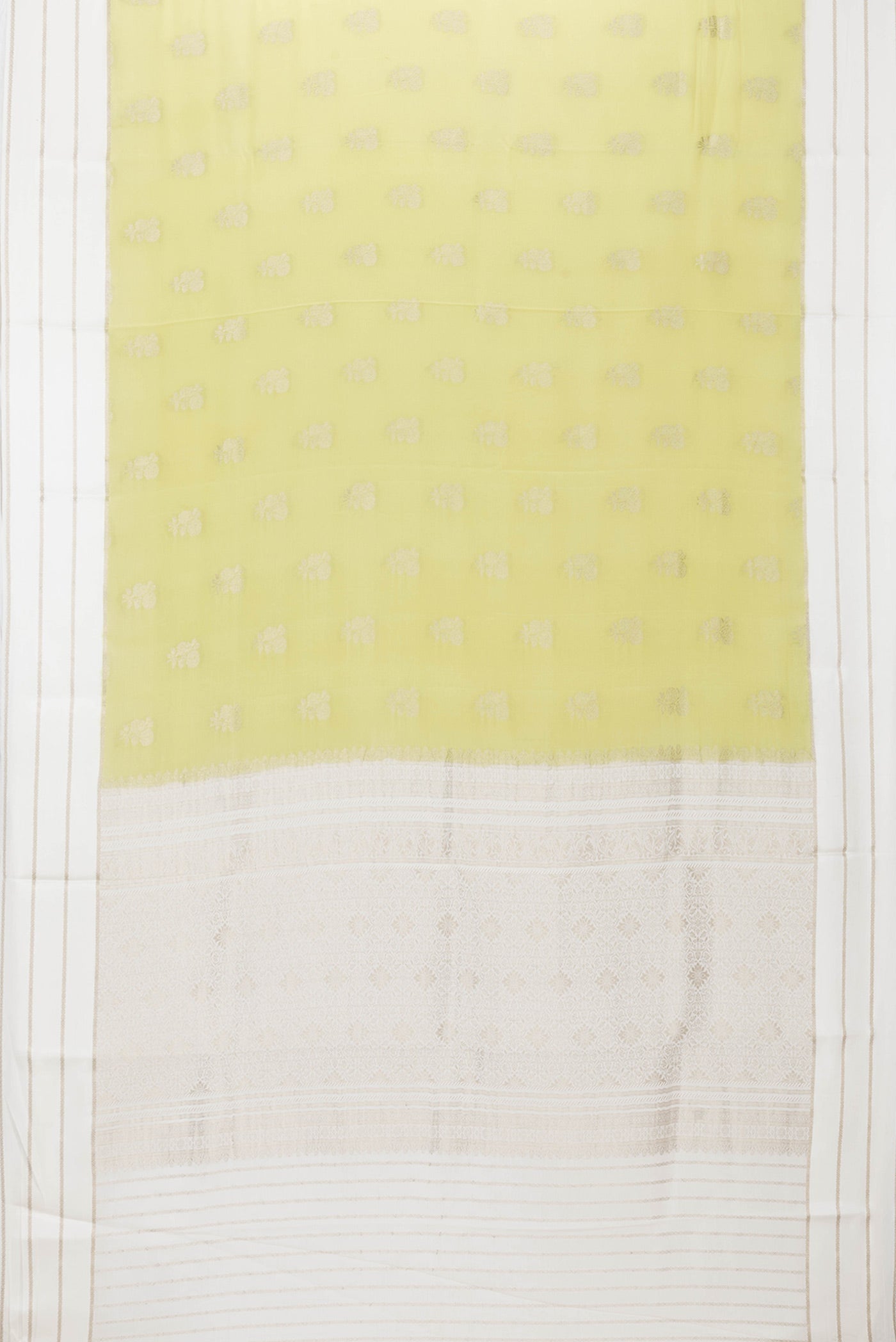 Flat view of Pista Green Dual Tone Mysore Silk Saree with Zari Butta on the body and Zari Border. 