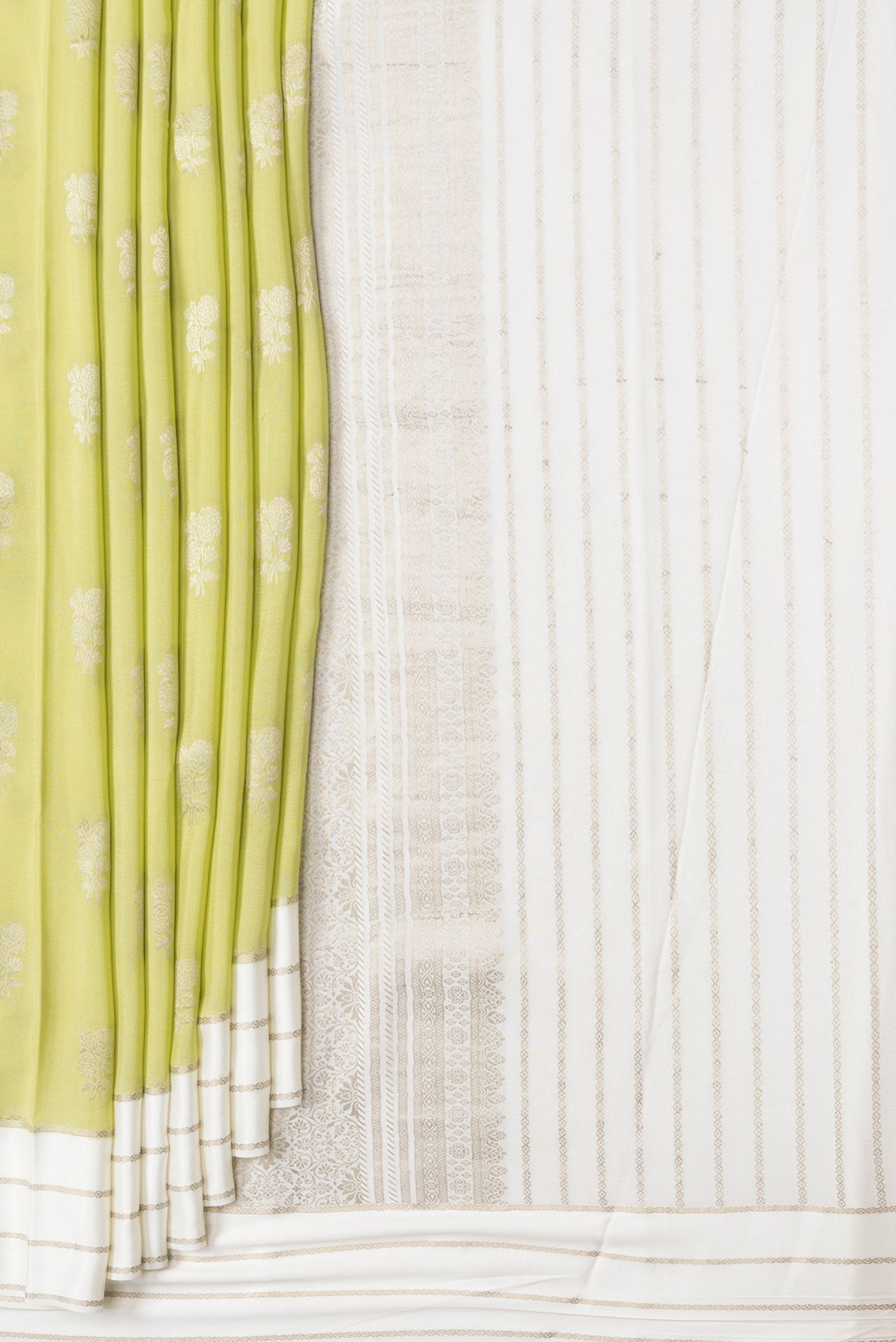 Pleats and pallu of Pista Green Dual Tone Mysore Silk Saree with Zari Butta on the body and Zari Border. 