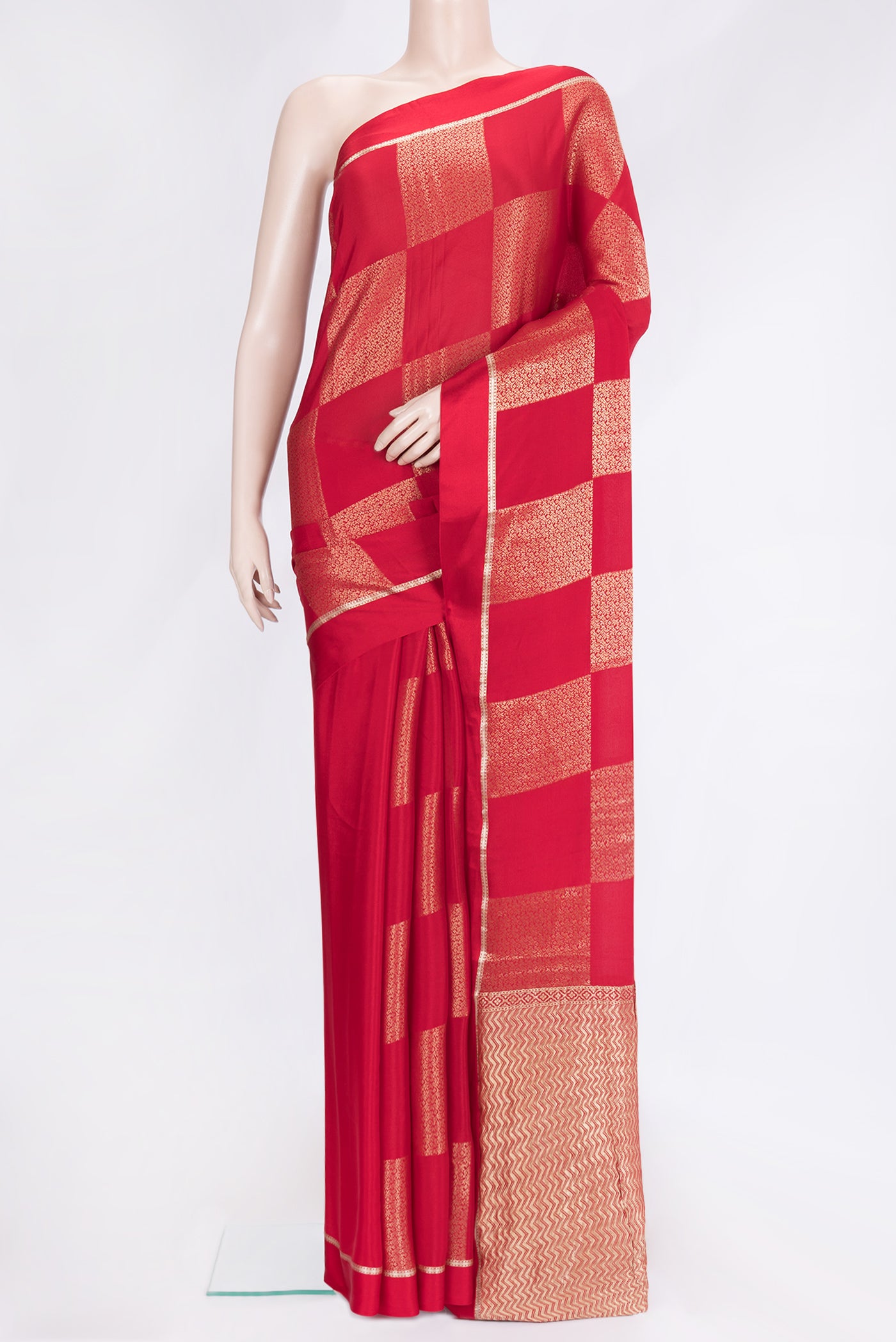 Red Dual Tone Mysore Georgette Saree with Zari Brocade on the body and Zari Border.  displayed on a mannequin
