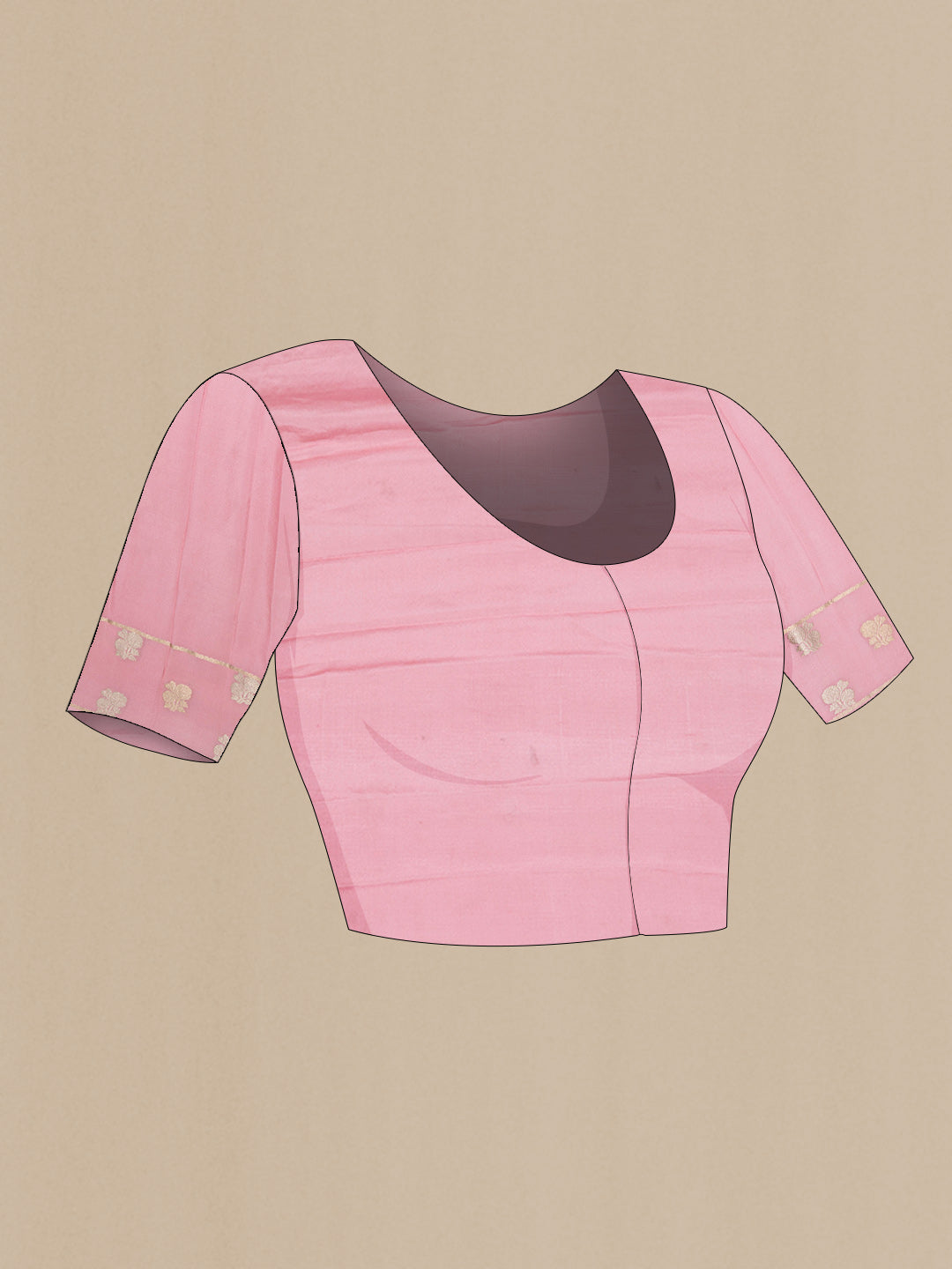 Close up image of the blouse of Rose pink Mysore Crepe Saree with Zari Brocade on the body and Zari Border