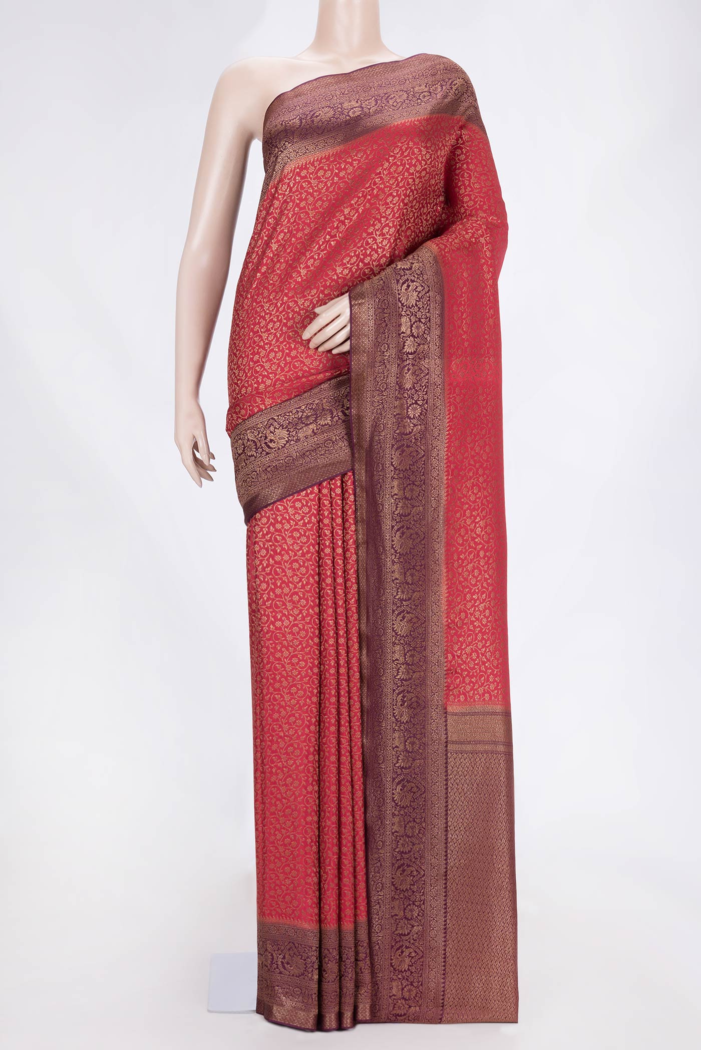 Pink Dual Tone Banarasi Silk Saree with Zari Brocade on the body and Zari Border.  displayed on a mannequin