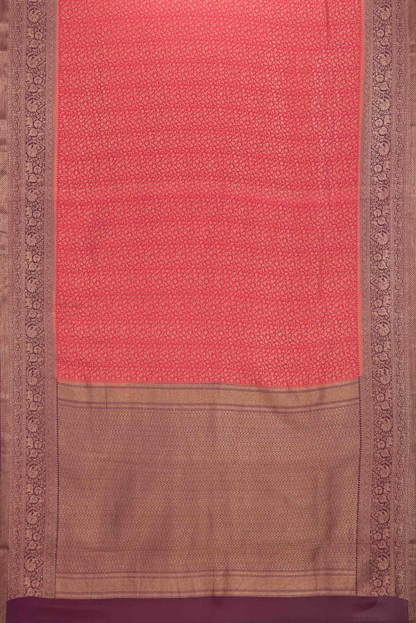 Flat view of Pink Dual Tone Banarasi Silk Saree with Zari Brocade on the body and Zari Border. 