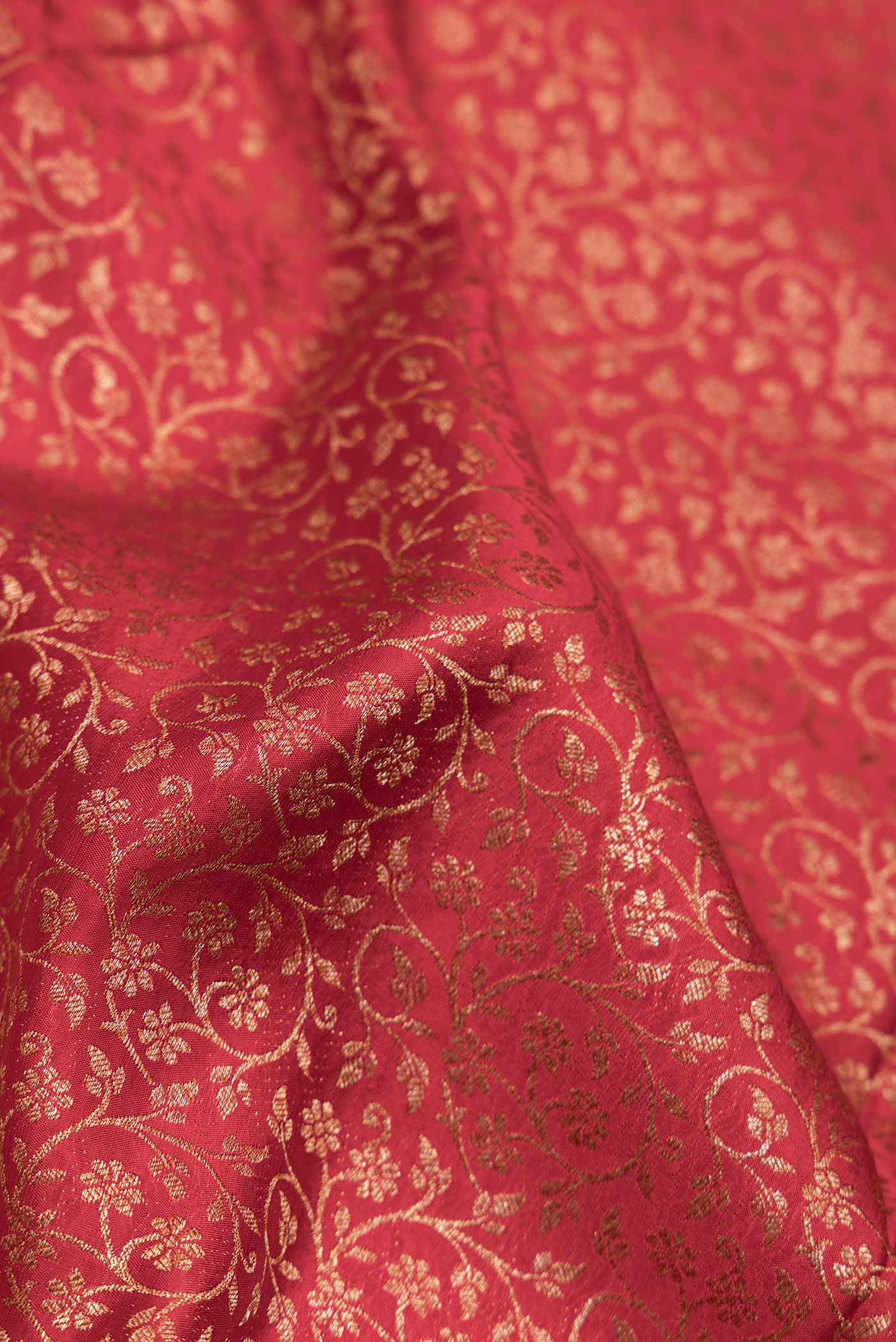 Close up of Red Dual Tone Banarasi Georgette Saree with Zari Brocade on the body and Zari Border.  displaying folds