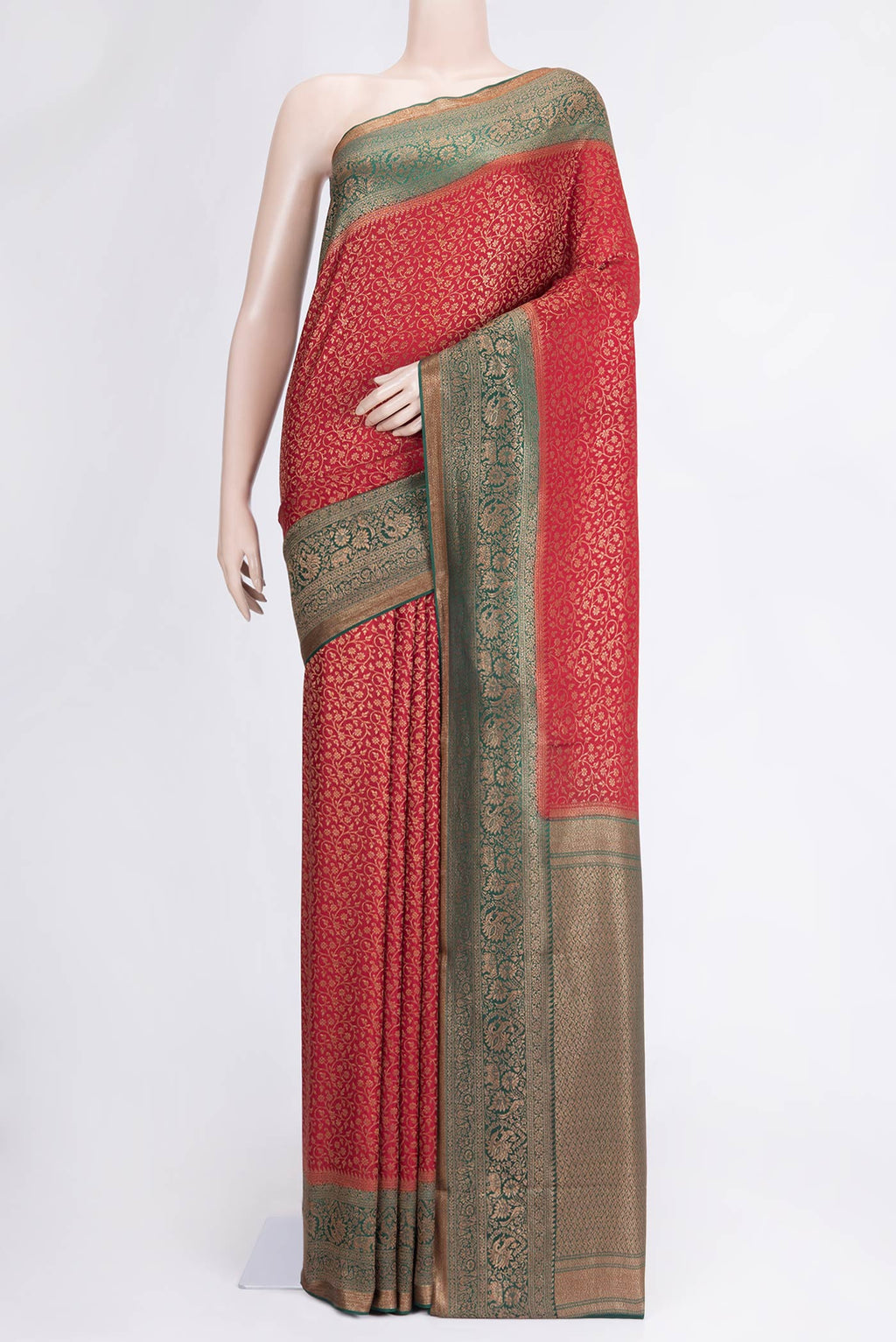 Red Dual Tone Banarasi Georgette Saree with Zari Brocade on the body and Zari Border.  displayed on a mannequin