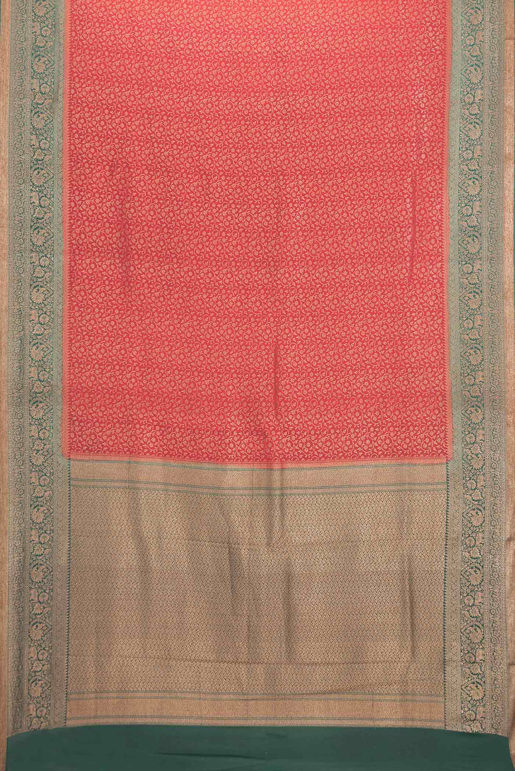 Flat view of Red Dual Tone Banarasi Georgette Saree with Zari Brocade on the body and Zari Border. 