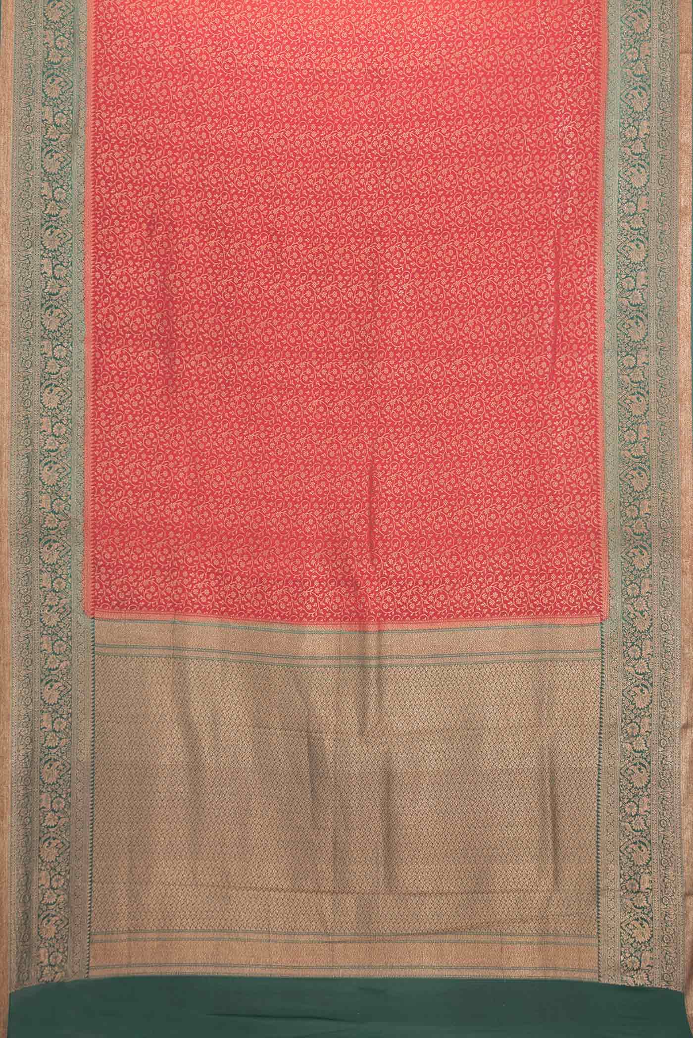 Flat view of Red Dual Tone Banarasi Georgette Saree with Zari Brocade on the body and Zari Border. 
