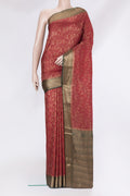 Maroon Banarasi Georgette Saree with Zari Brocade on the body and Zari Border.  displayed on a mannequin