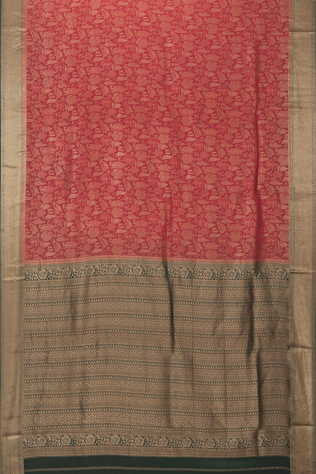 Flat view of Maroon Banarasi Georgette Saree with Zari Brocade on the body and Zari Border. 