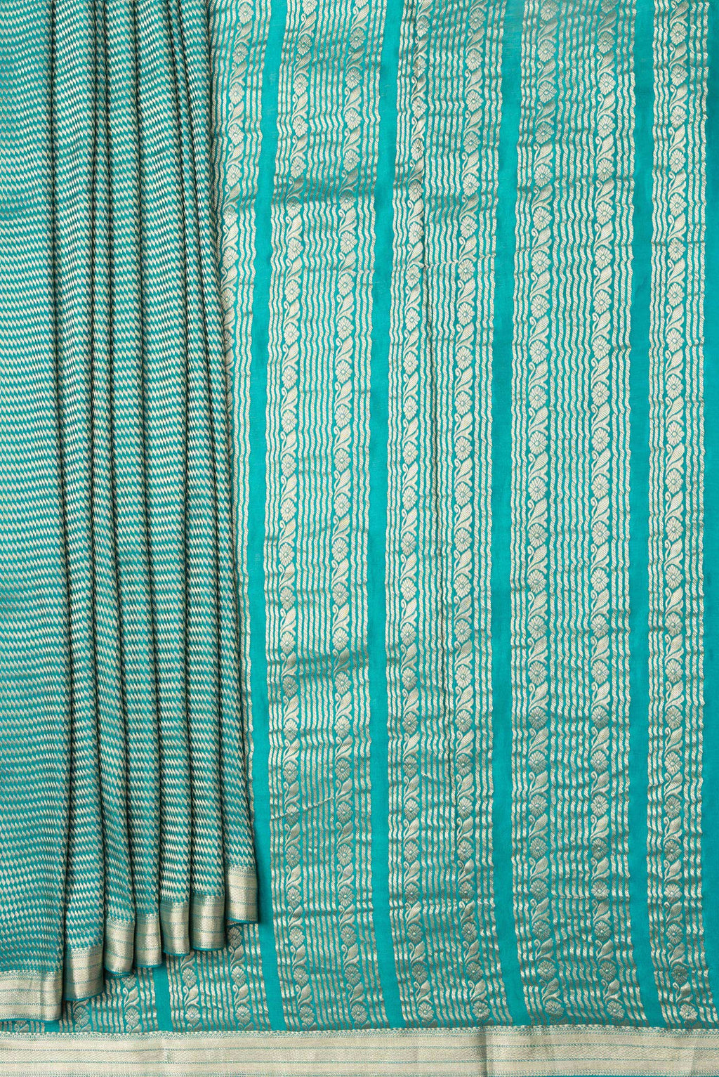 Pleats and pallu of Sky Blue Dual Tone Banarasi Georgette Saree with Zari Brocade on the body and Zari Border. 