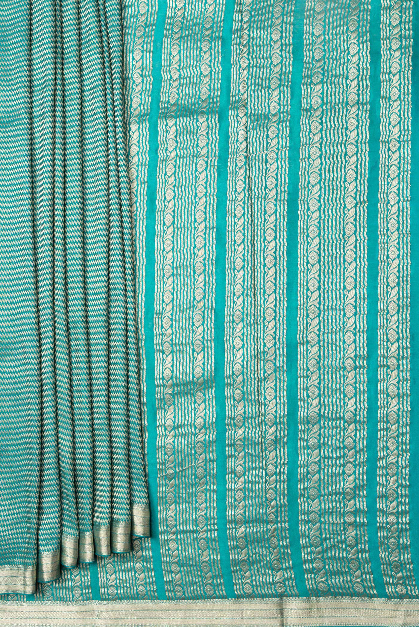 Pleats and pallu of Sky Blue Dual Tone Banarasi Georgette Saree with Zari Brocade on the body and Zari Border. 