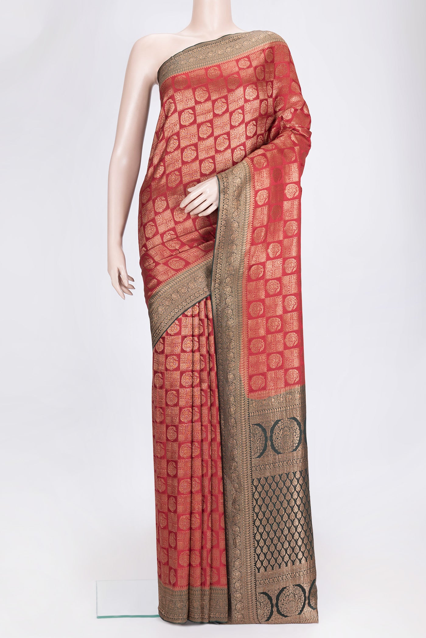 Red Dual Tone Banarasi Georgette Saree with Zari Brocade on the body and Zari Border.  displayed on a mannequin