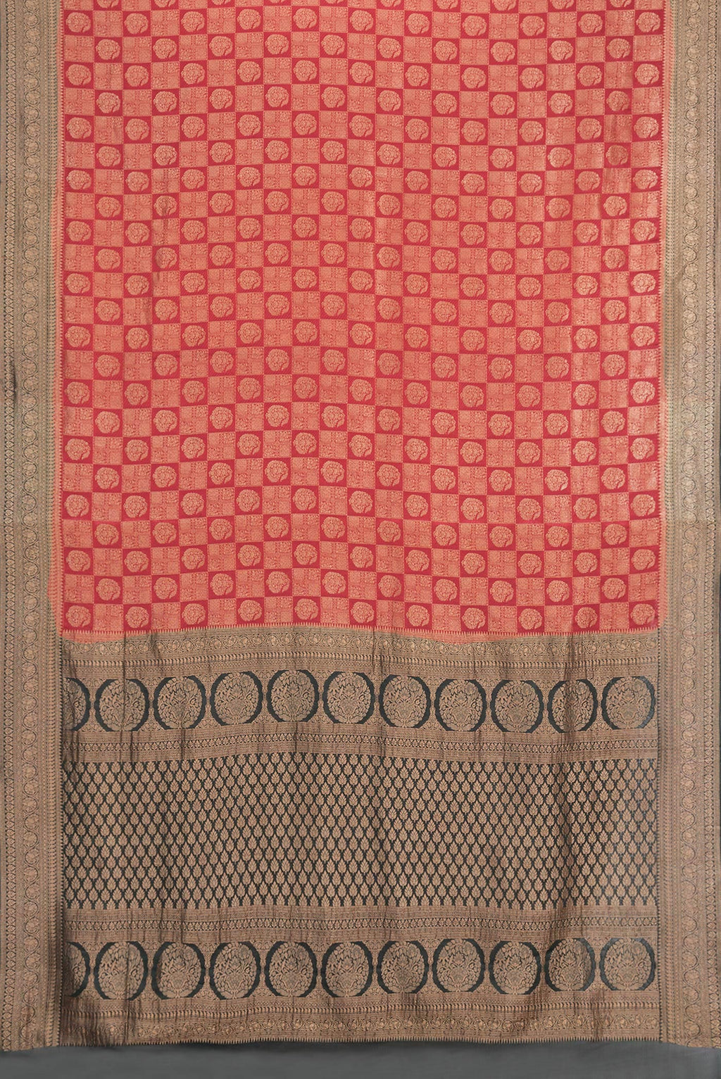Flat view of Red Dual Tone Banarasi Georgette Saree with Zari Brocade on the body and Zari Border. 
