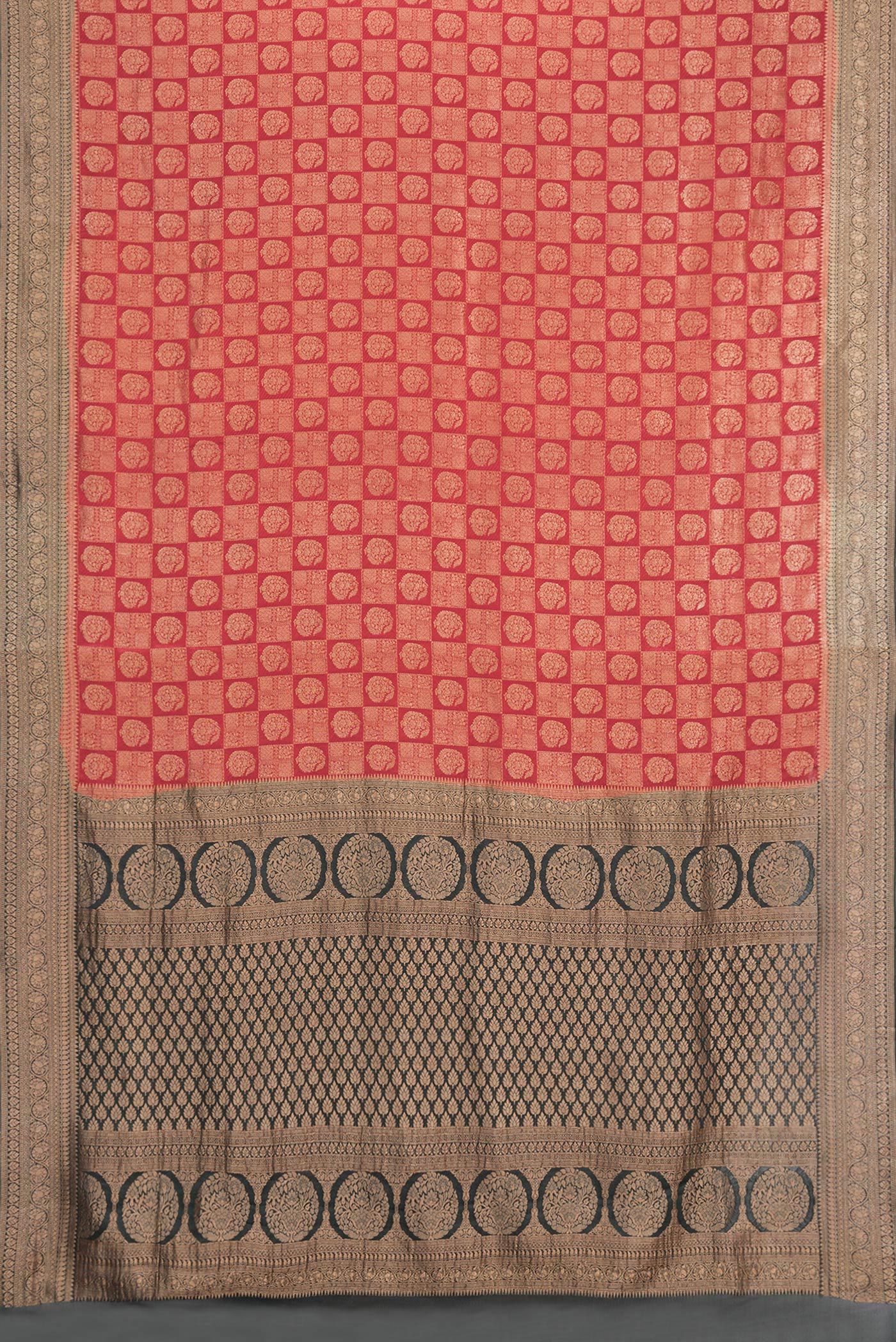 Flat view of Red Dual Tone Banarasi Georgette Saree with Zari Brocade on the body and Zari Border. 
