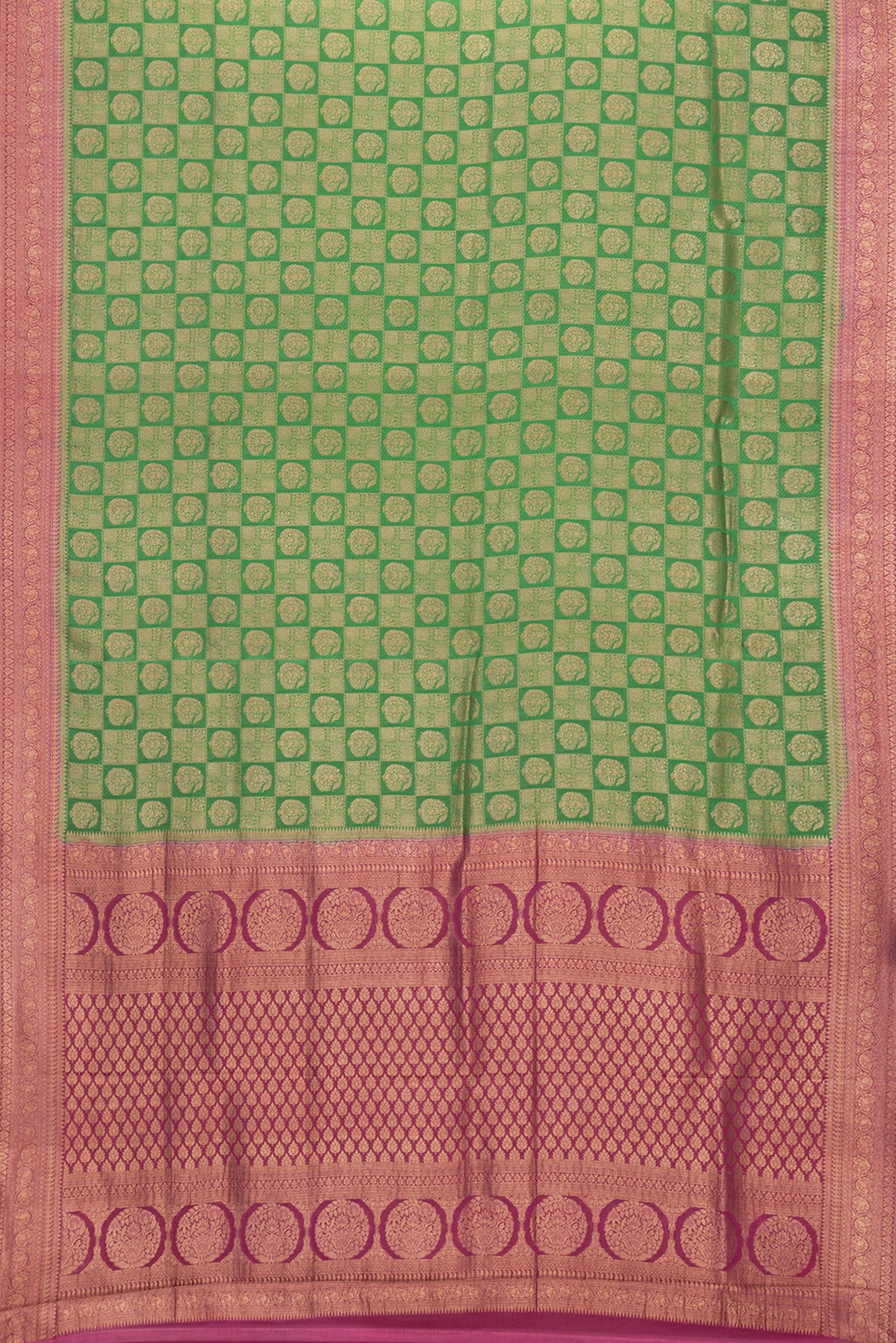 Flat view of Bottle Green Dual Tone Banarasi Georgette Saree with Zari Brocade on the body and Zari Border. 