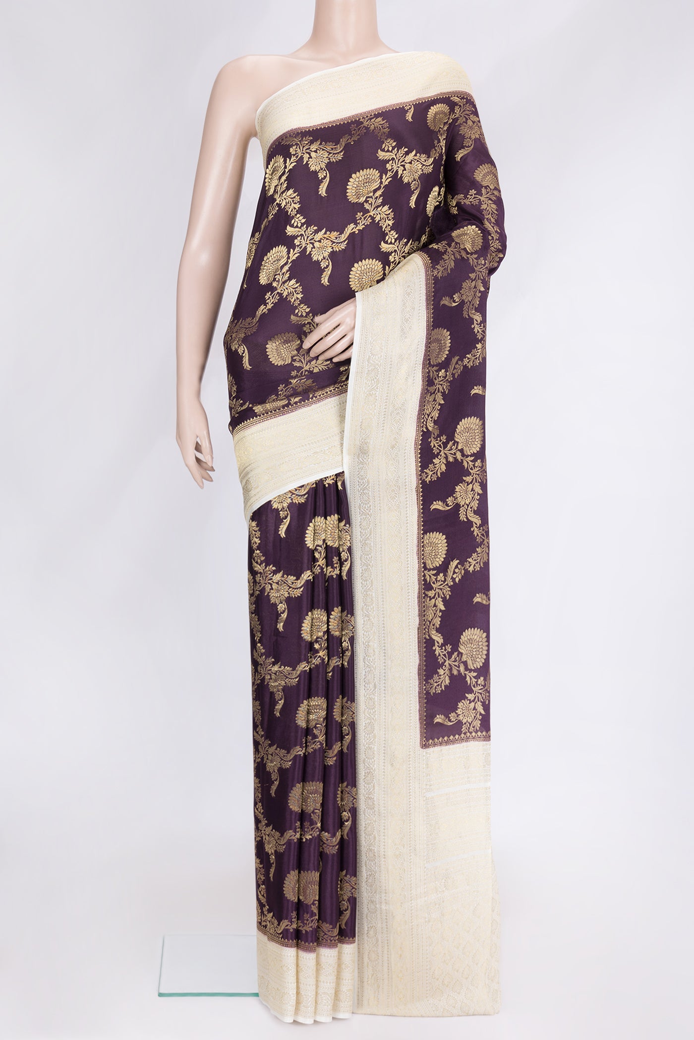 Burgundy Dual Tone Mysore Georgette Saree with Zari Brocade on the body and Zari Border.  displayed on a mannequin