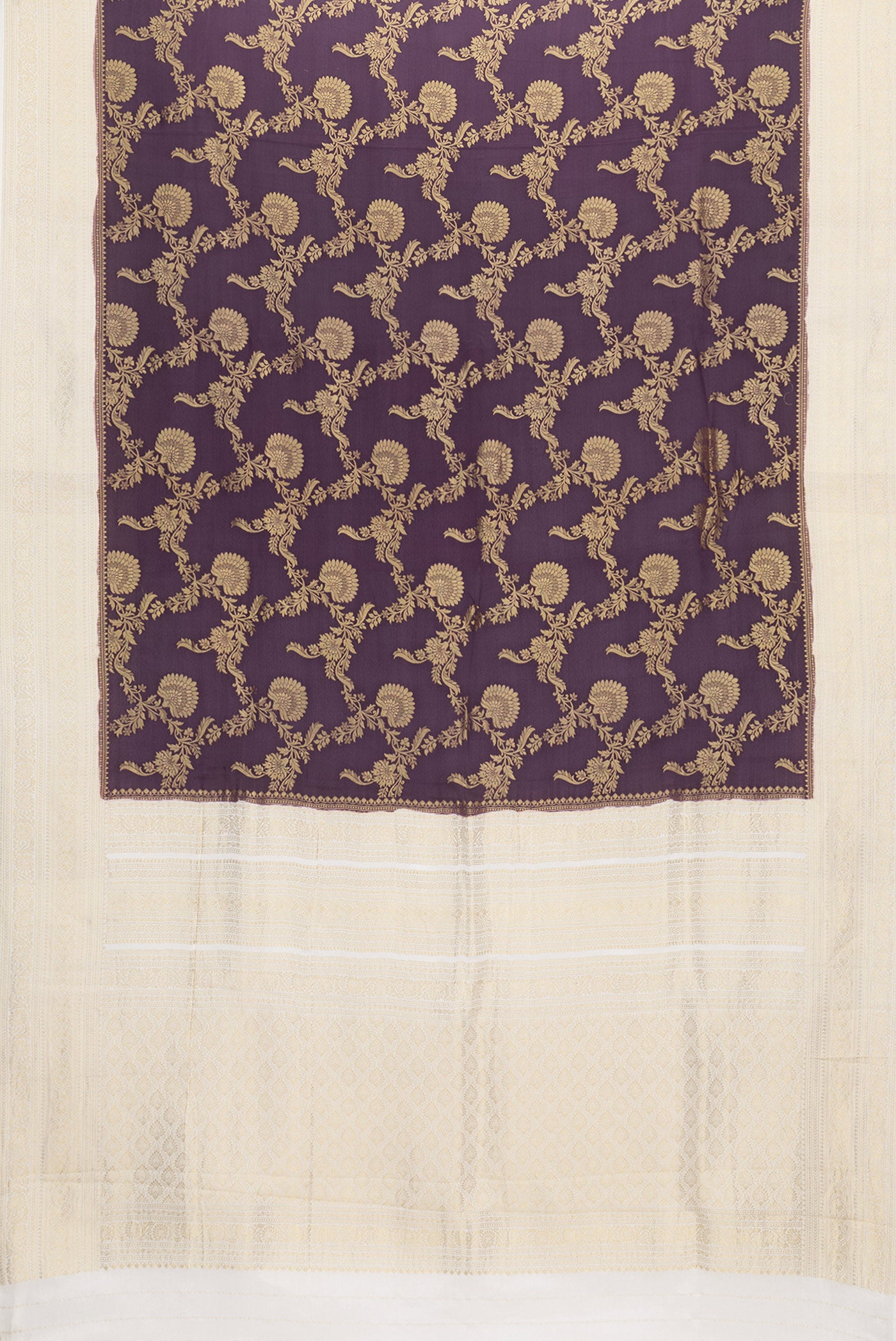 Flat view of Burgundy Dual Tone Mysore Georgette Saree with Zari Brocade on the body and Zari Border. 