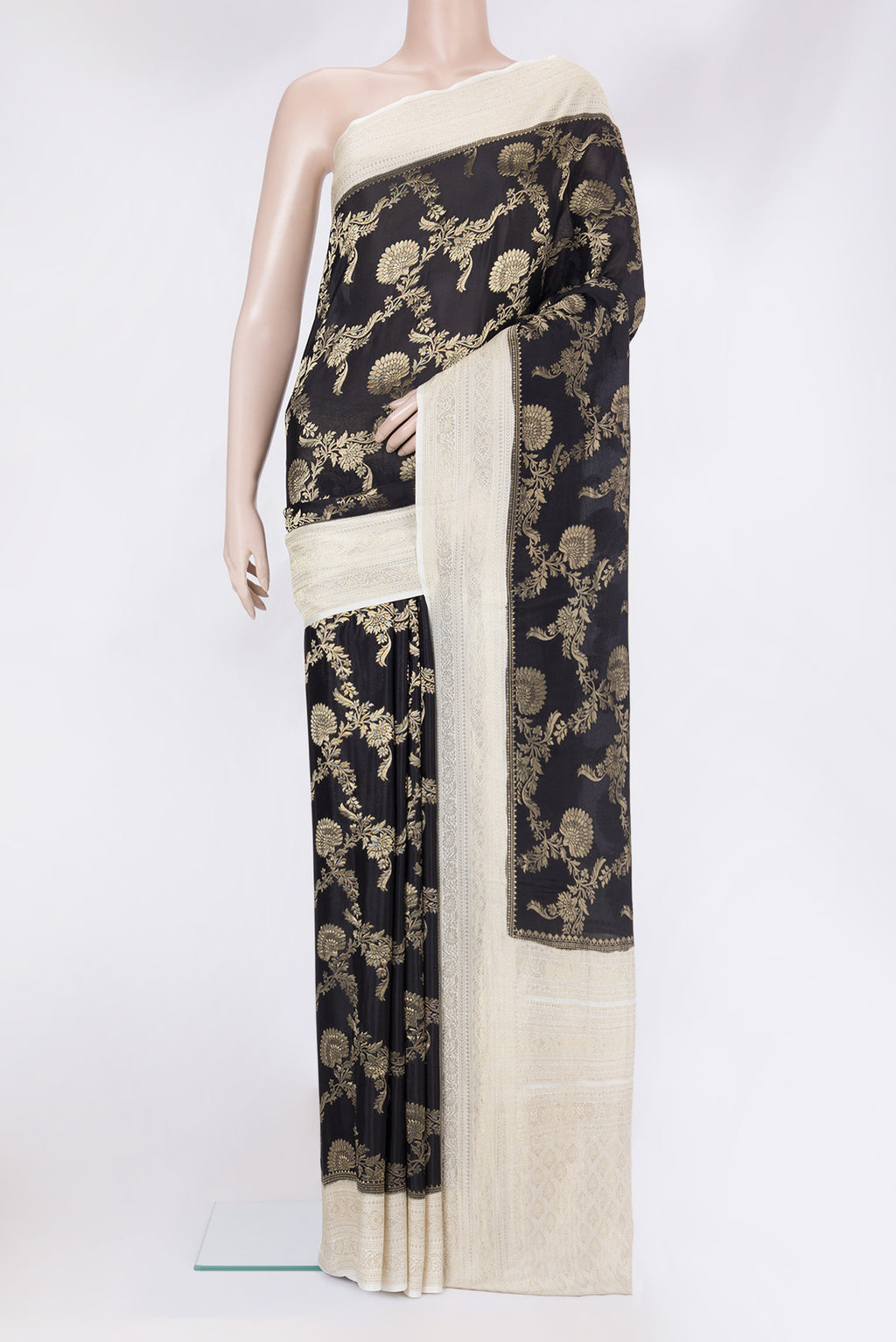 Black Banarasi Georgette Saree with Zari Brocade on the body and Zari Border.  displayed on a mannequin