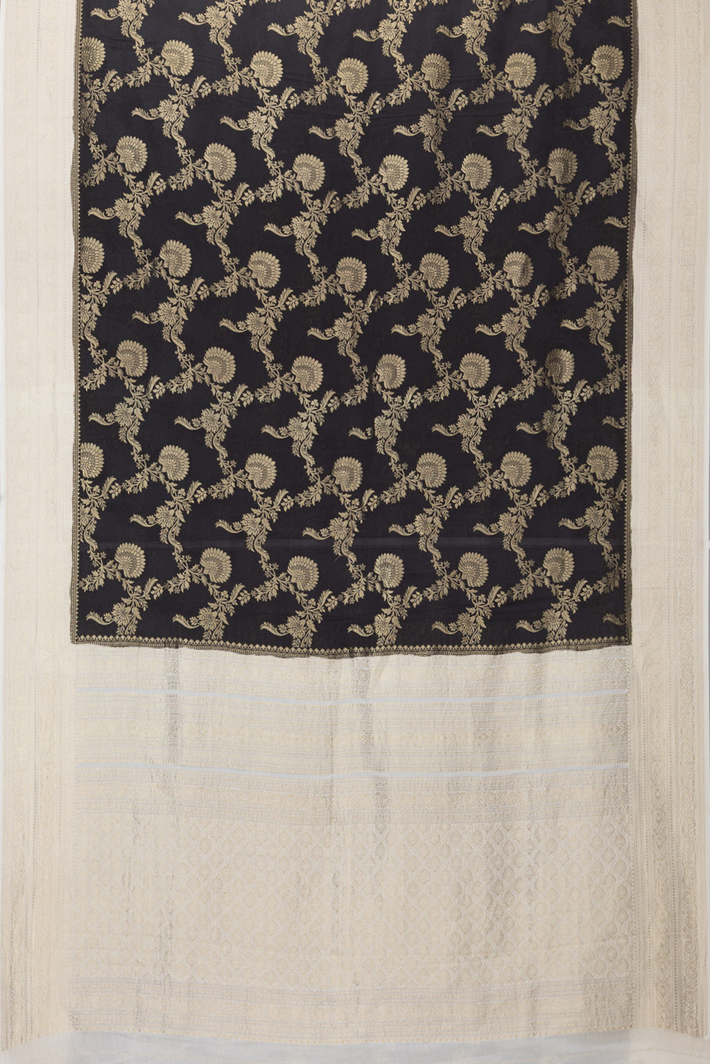Flat view of Black Banarasi Georgette Saree with Zari Brocade on the body and Zari Border. 