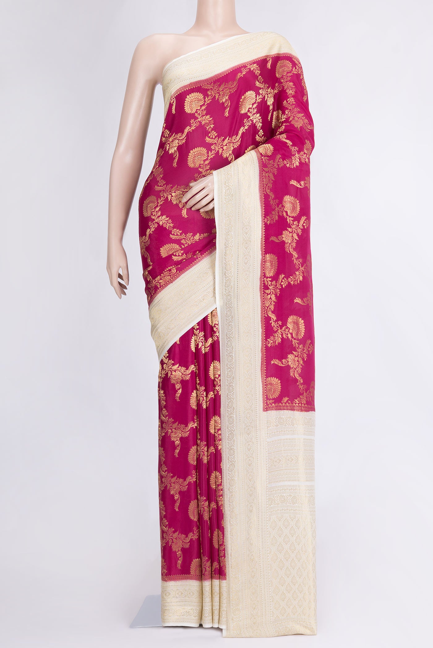 Pink Dual Tone Banarasi Georgette Saree with Zari Brocade on the body and Zari Border.  displayed on a mannequin