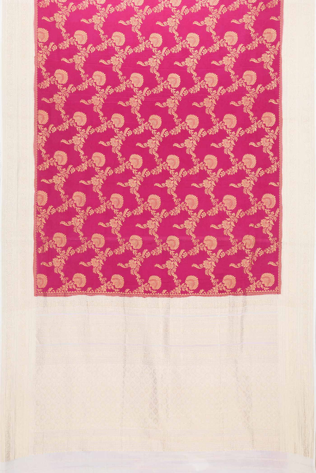 Flat view of Pink Dual Tone Banarasi Georgette Saree with Zari Brocade on the body and Zari Border. 