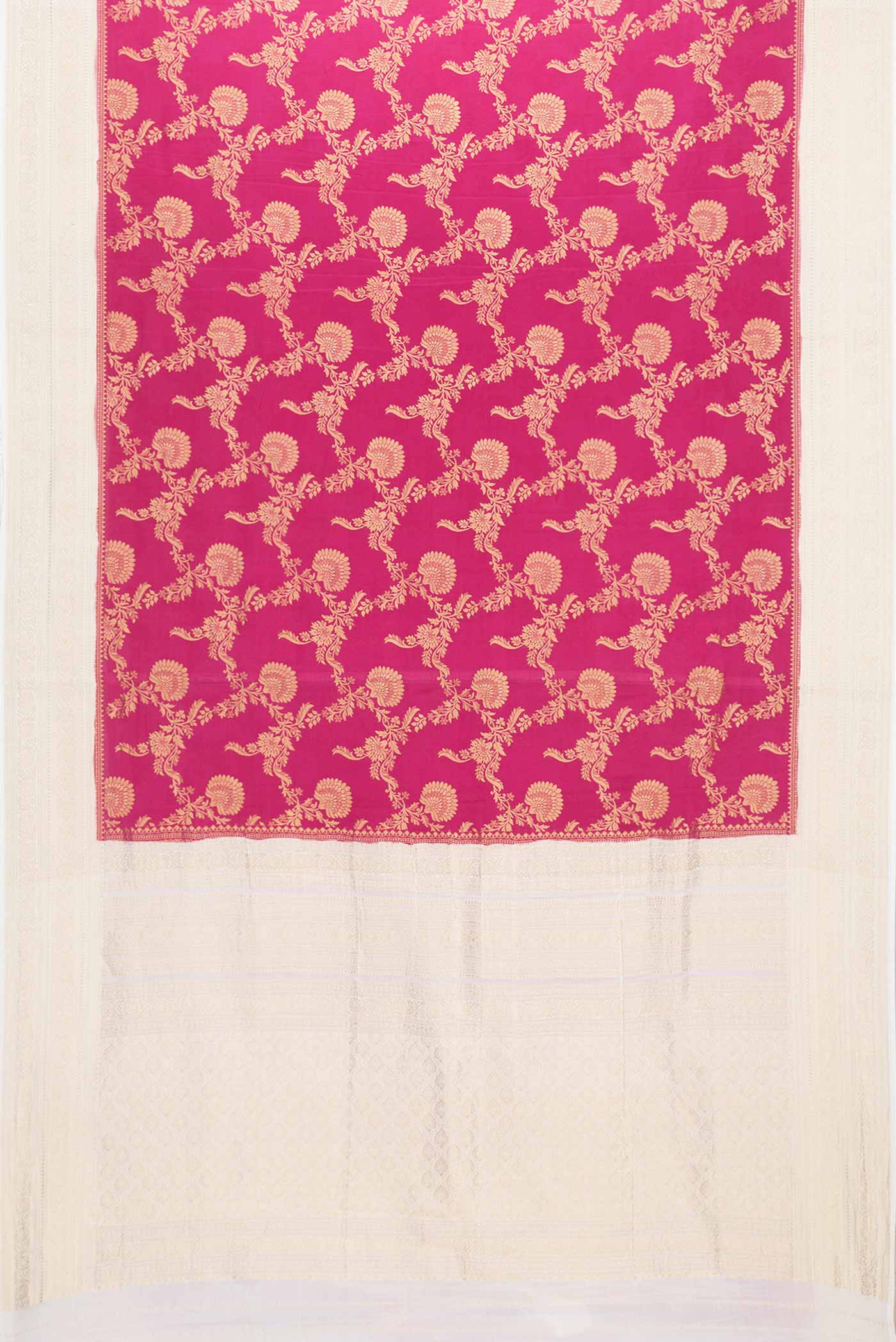 Flat view of Pink Dual Tone Banarasi Georgette Saree with Zari Brocade on the body and Zari Border. 