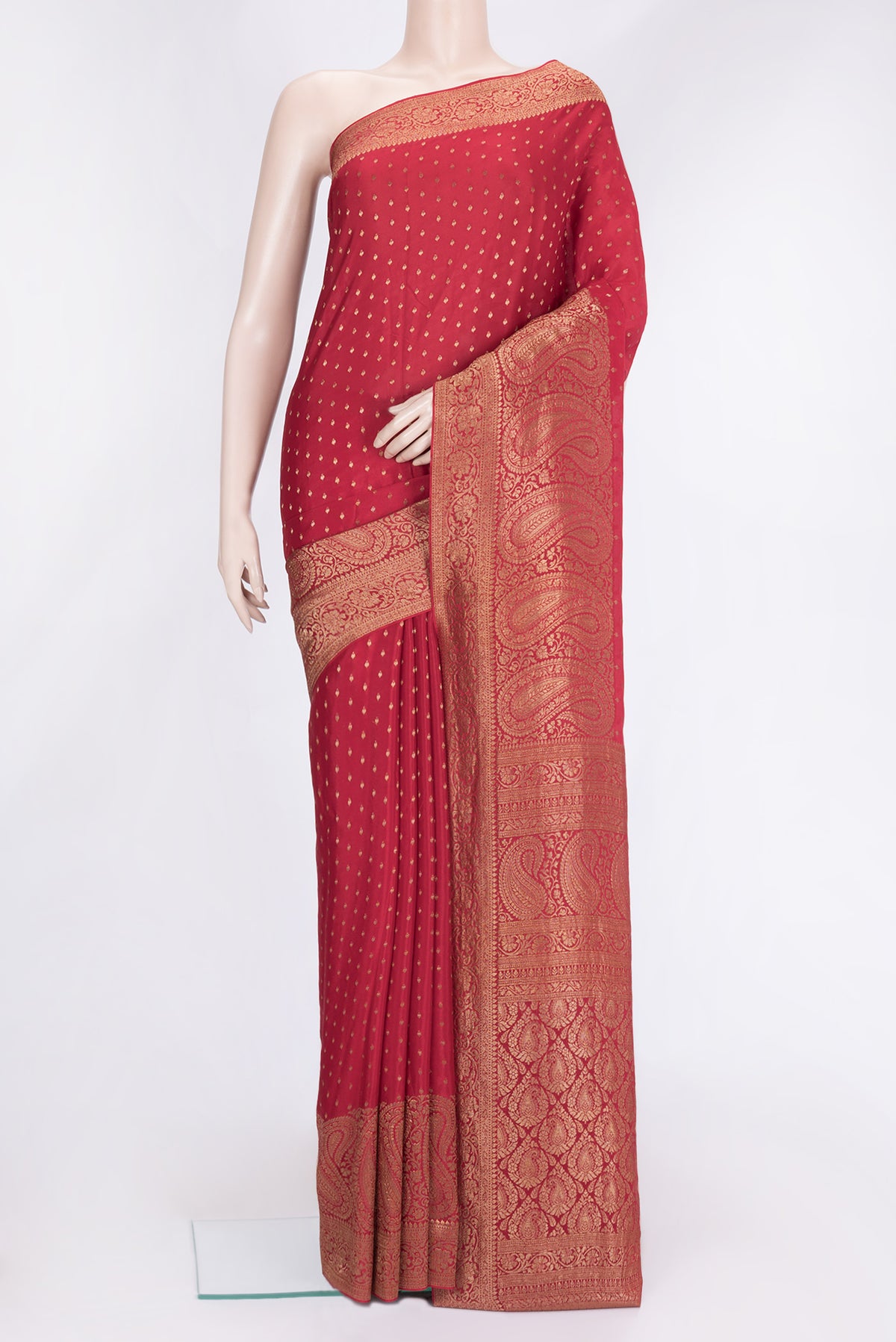 Red Dual Tone Banarasi Georgette Saree with Zari Brocade on the body and Zari Border.  displayed on a mannequin