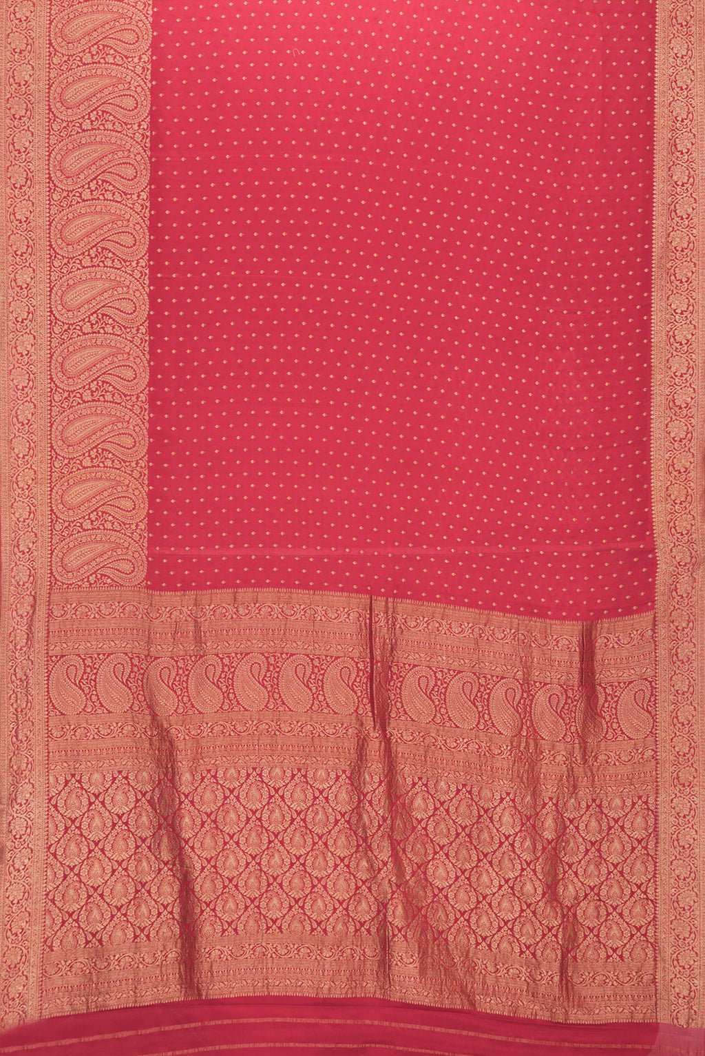 Flat view of Red Dual Tone Banarasi Georgette Saree with Zari Brocade on the body and Zari Border. 