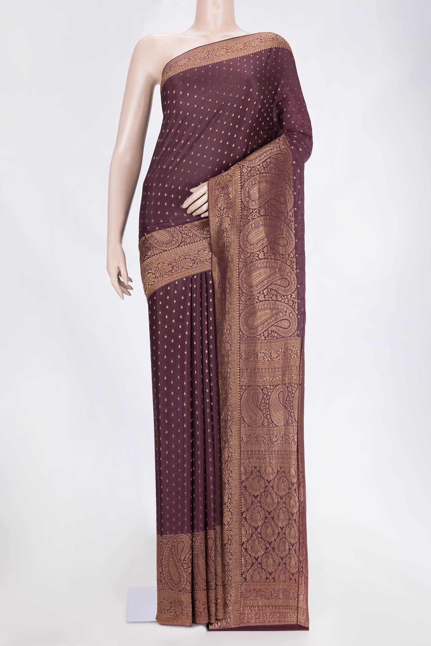 Brown Dual Tone Banarasi Silk Saree with Zari Butta on the body and Zari Border.  displayed on a mannequin
