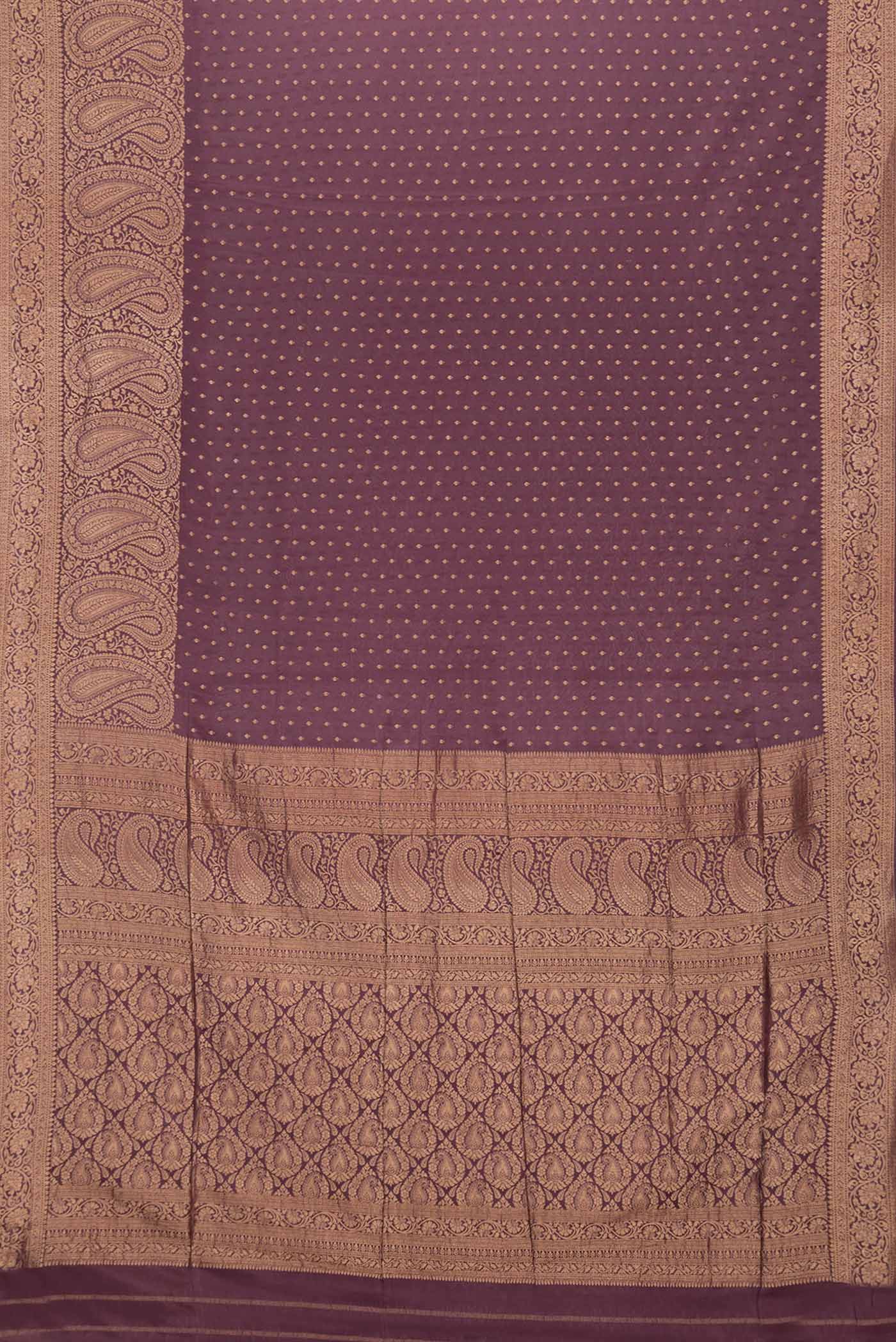 Flat view of Brown Dual Tone Banarasi Silk Saree with Zari Butta on the body and Zari Border. 