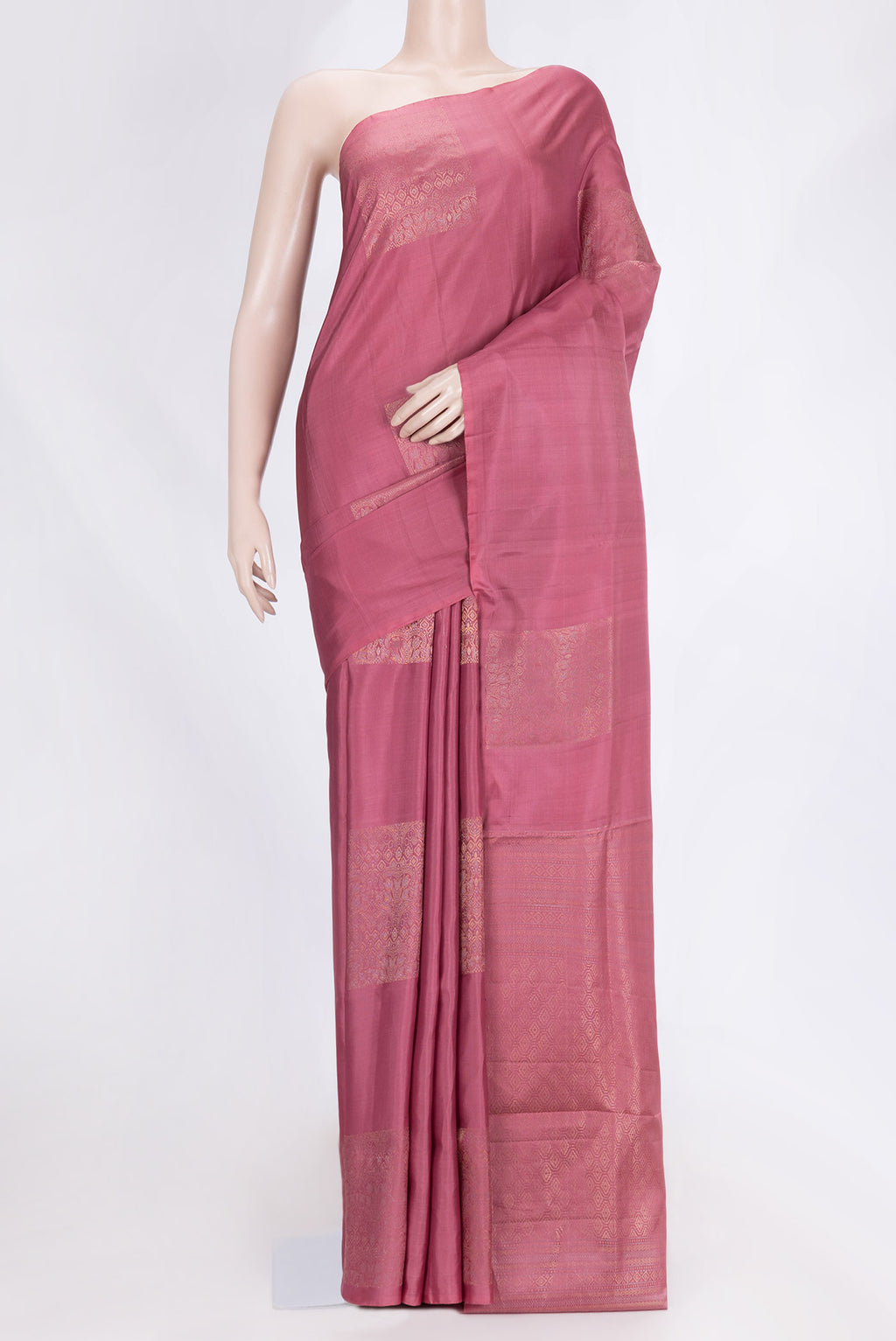 Pink Dual Tone Soft Silk Saree with Zari Butta on the body and Without Border.  displayed on a mannequin