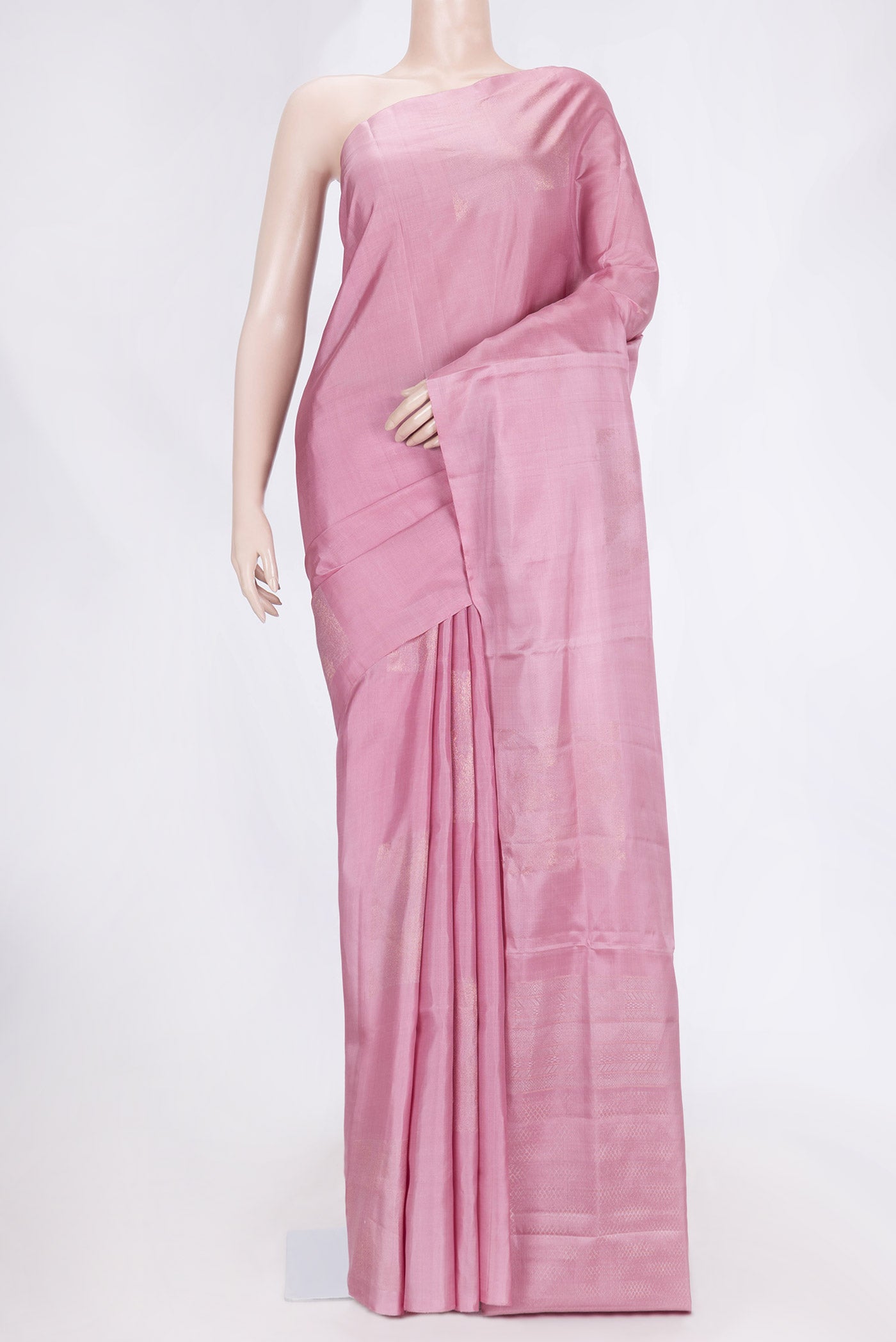 Pink Dual Tone Soft Silk Saree with Zari Butta on the body and Without Border.  displayed on a mannequin