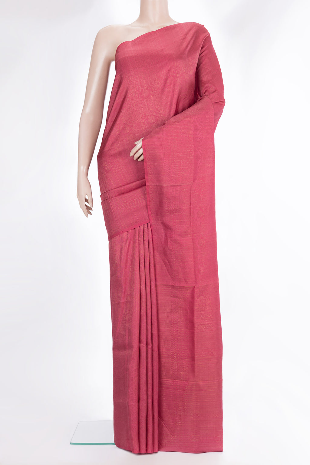 Pure Silk Pink Dual Tone Soft Saree with Zari Brocade on the body and Fancy Border.  displayed on a mannequin