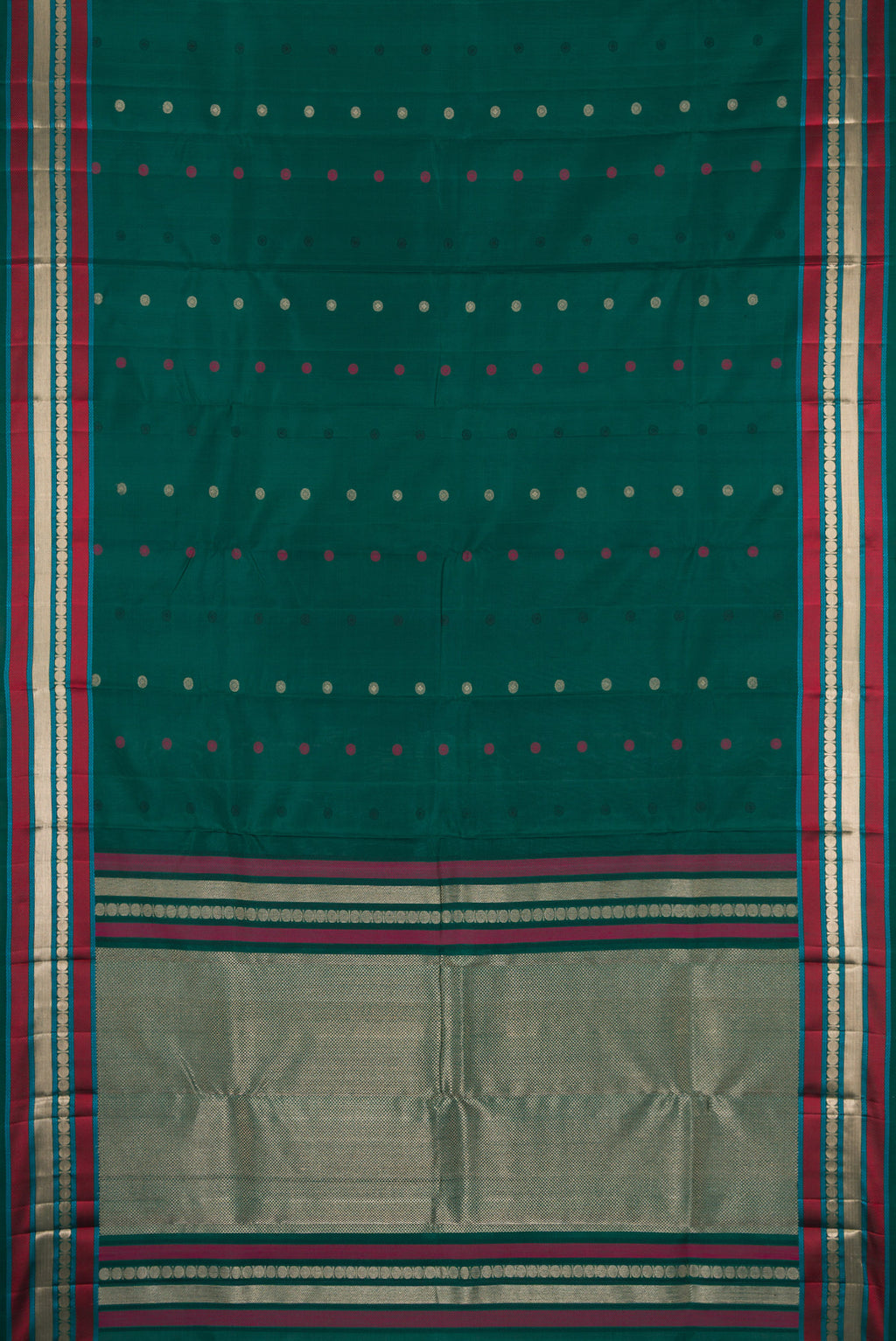Flat view of Bottle Green Kanchipuram Silk Saree with Zari And Thread Butta on the body and Zari And Thread Border. 