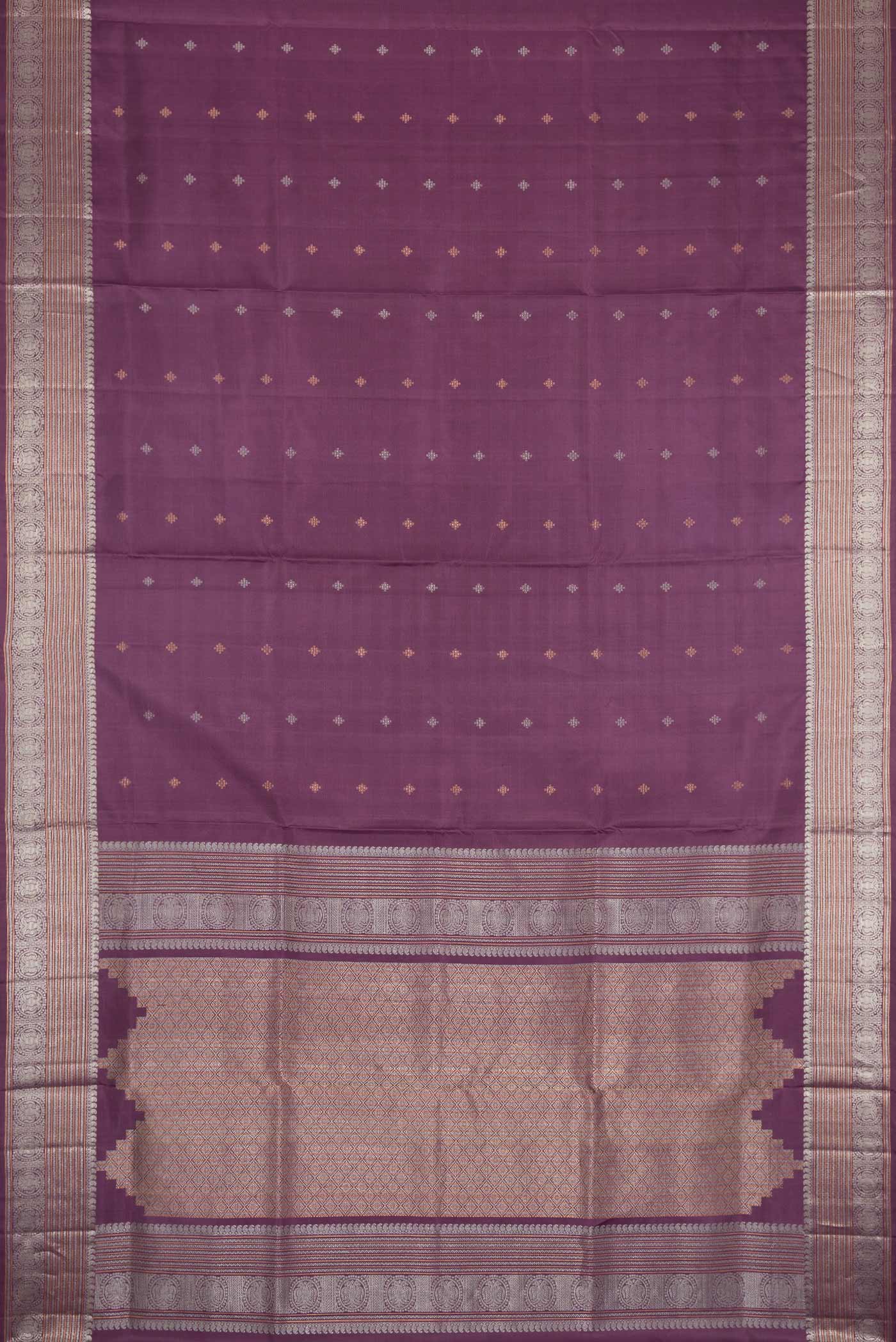 Flat view of Purple Dual Tone Soft Silk Saree with Zari Butta on the body and Zari Border. 