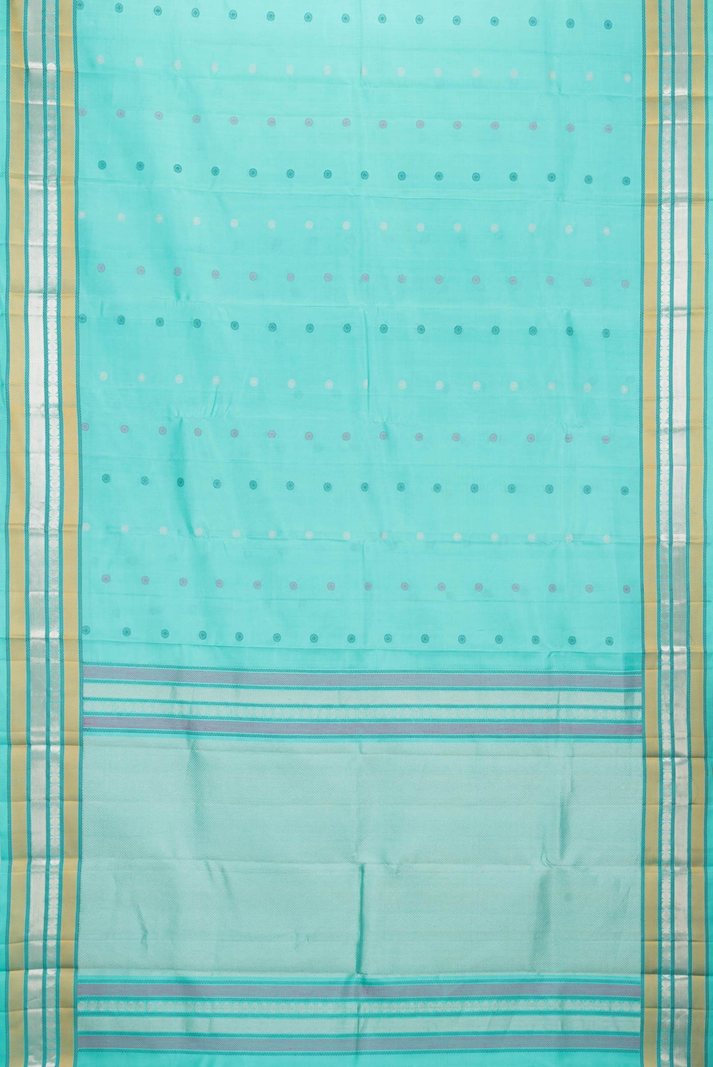 Flat view of Sea Green Dual Tone Kanchipuram Silk Saree with Zari And Thread Butta on the body and Zari And Thread Border. 