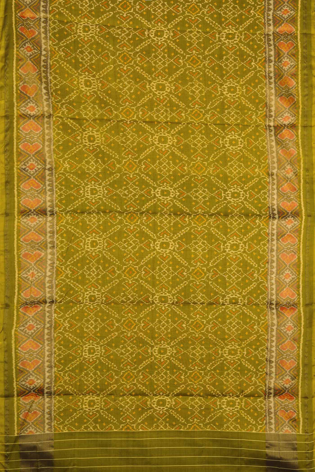 Flat view of Mehandi Green Dual Tone Rajkot Patola Silk Saree with Ikat Print on the body and Ikat Border