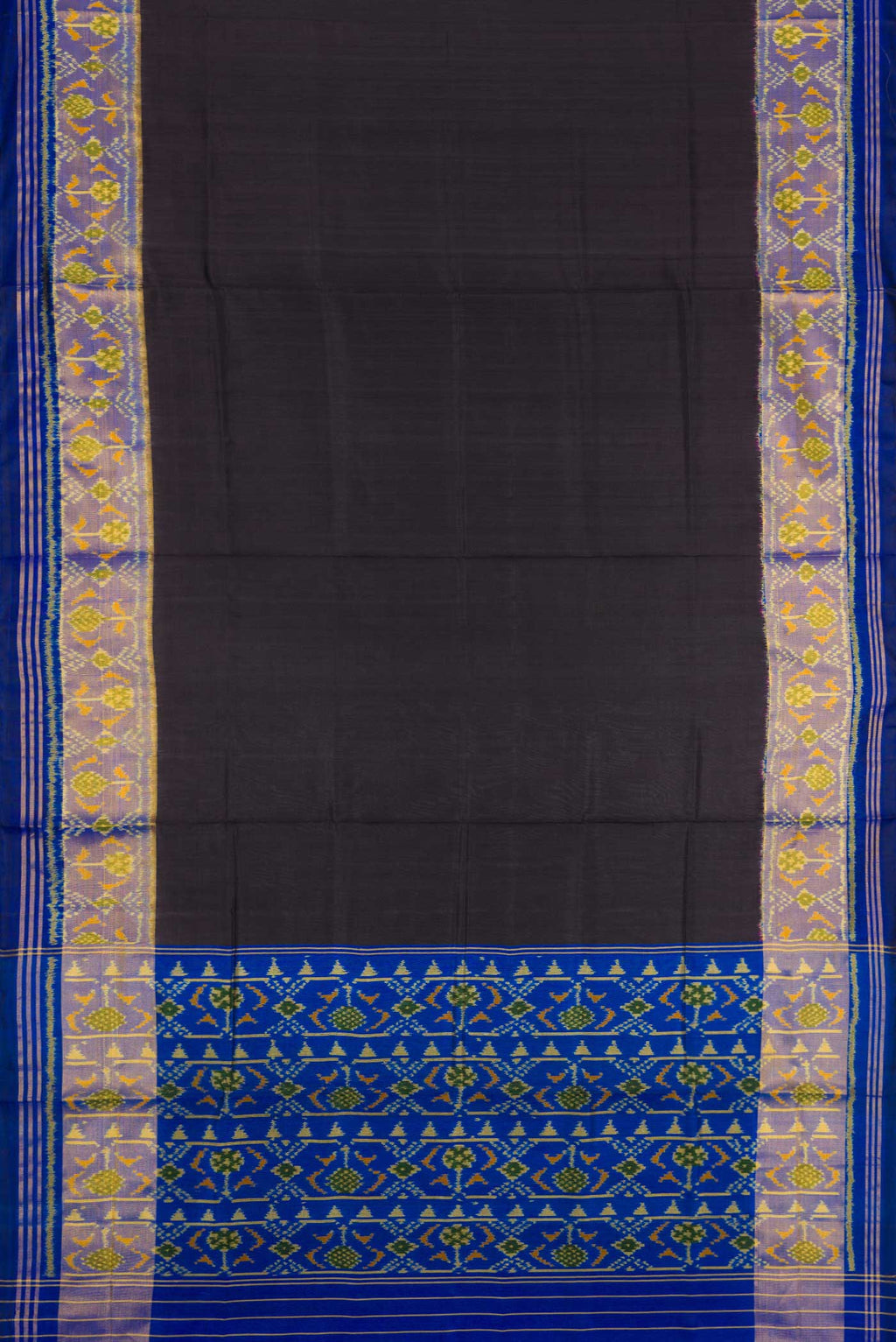 Flat view of Black Dual Tone Rajkot Patola Silk Saree with Plain Body and Ikat Border