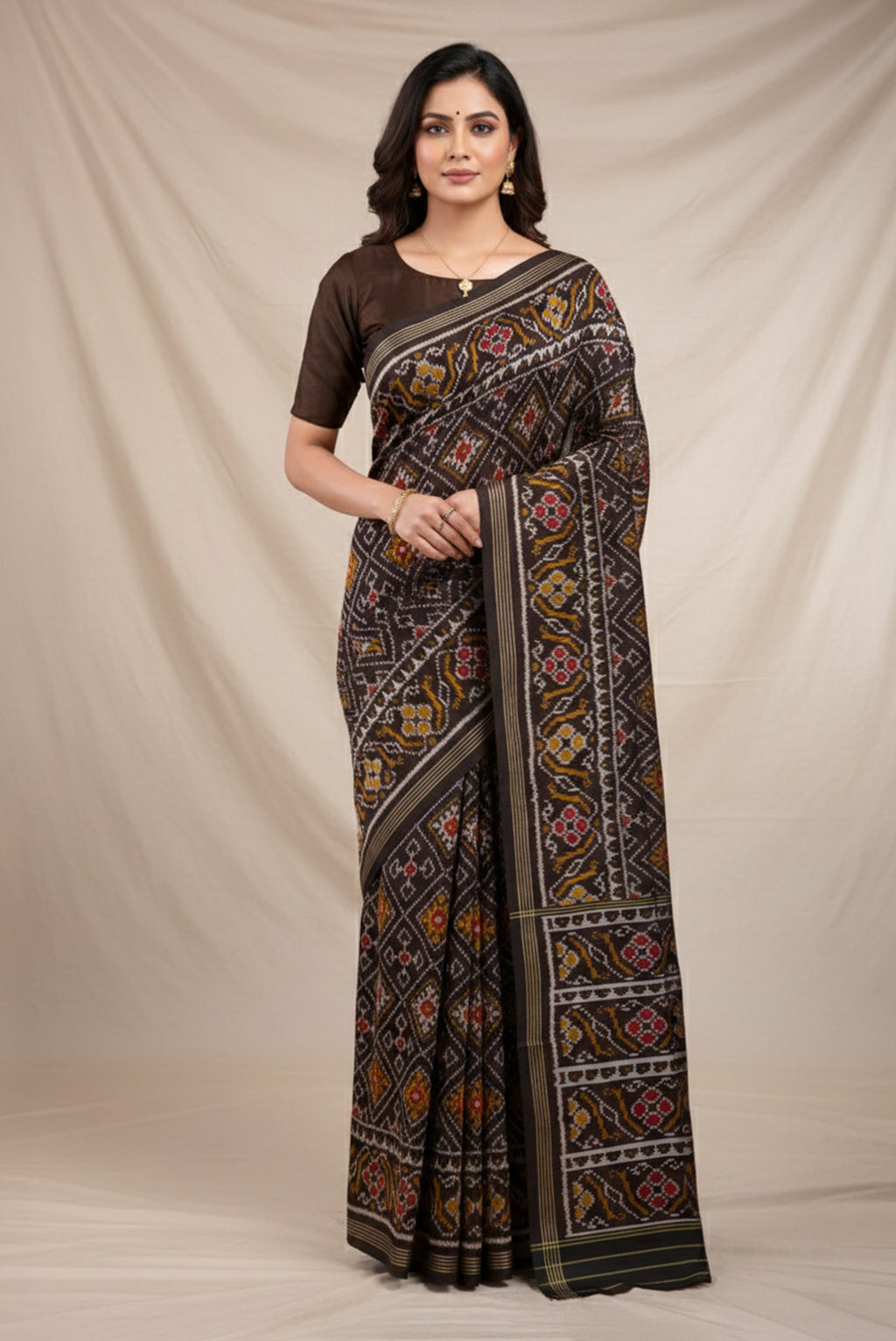Model wearing a Black Pochampally Silk Saree with Pure Ikat on the body and Plain Border