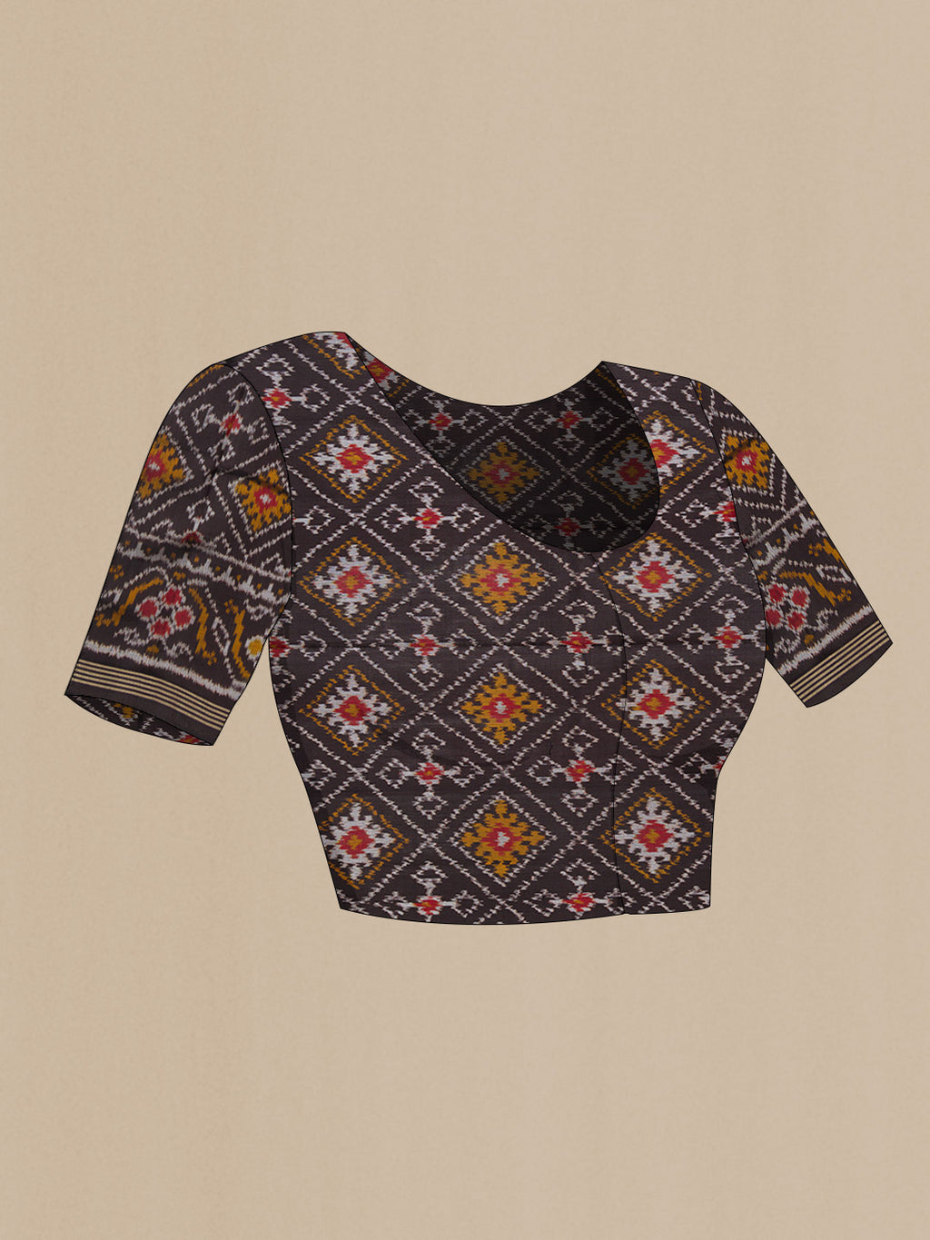Close up image of the blouse of Black Pochampally Silk Saree with Pure Ikat on the body and Plain Border