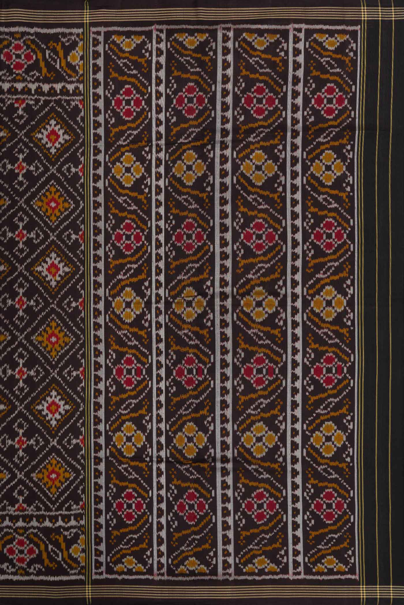 Close up image of the pallu of Black Pochampally Silk Saree with Pure Ikat on the body and Plain Border