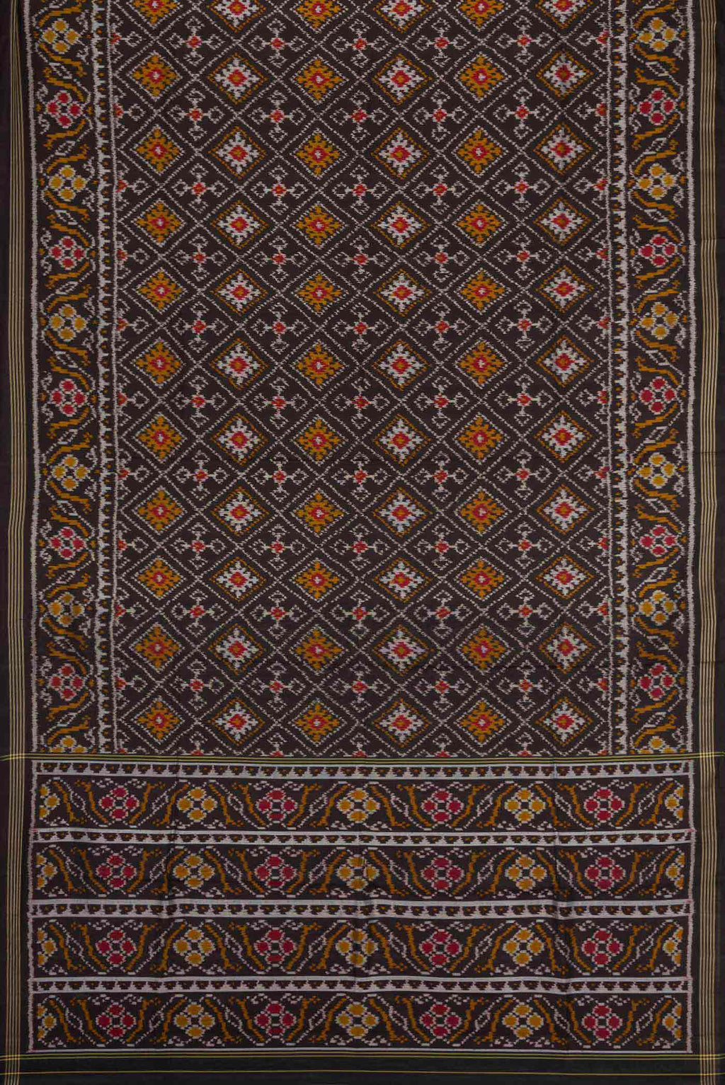 Flat view of Black Pochampally Silk Saree with Pure Ikat on the body and Plain Border