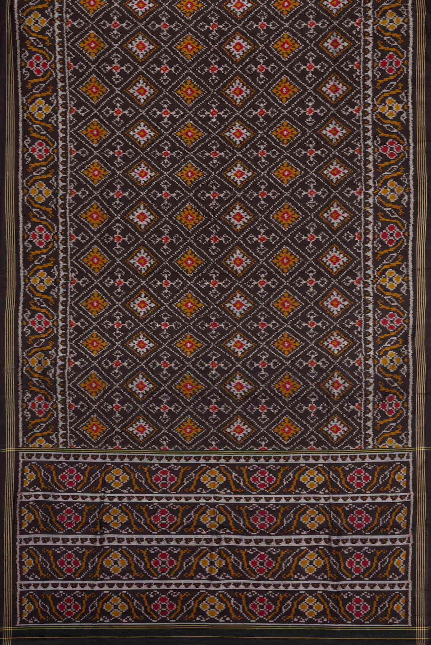 Flat view of Black Pochampally Silk Saree with Pure Ikat on the body and Plain Border