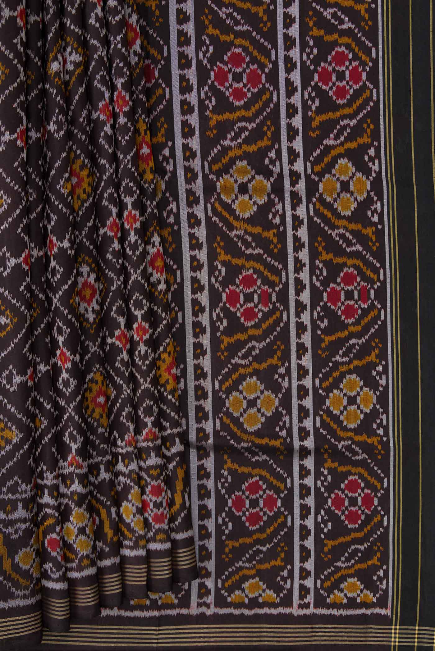 Pleats and pallu of Black Pochampally Silk Saree with Pure Ikat on the body and Plain Border