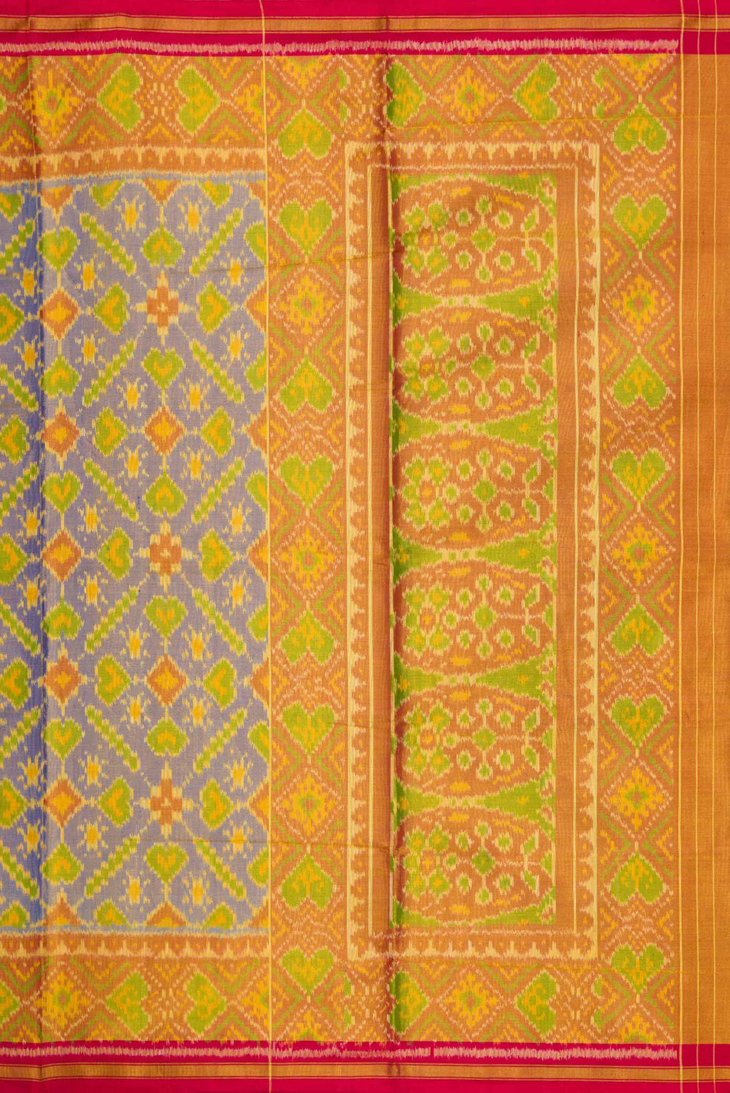 Close up image of the pallu of Lavender Dual Tone Rajkot Patola Silk Saree with Ikat Print on the body and Ikat Border