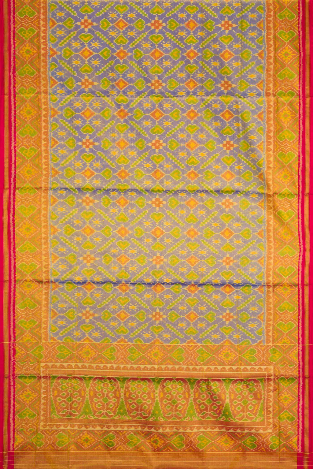 Flat view of Lavender Dual Tone Rajkot Patola Silk Saree with Ikat Print on the body and Ikat Border