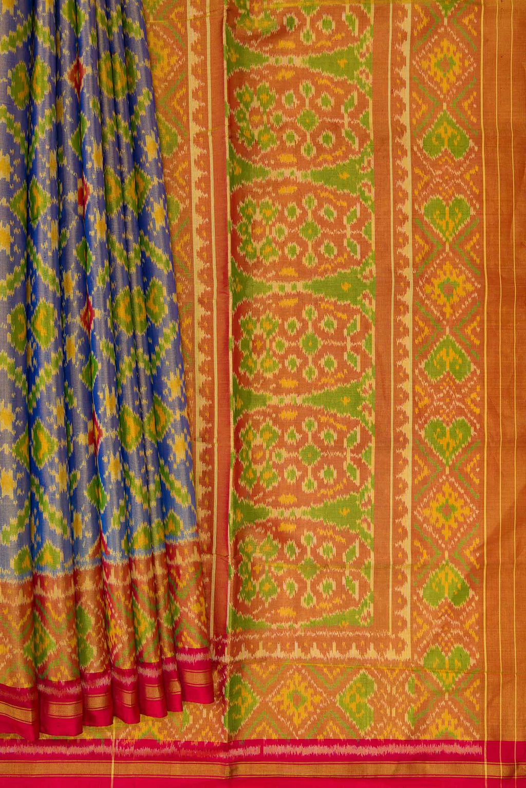 Pleats and pallu of Lavender Dual Tone Rajkot Patola Silk Saree with Ikat Print on the body and Ikat Border